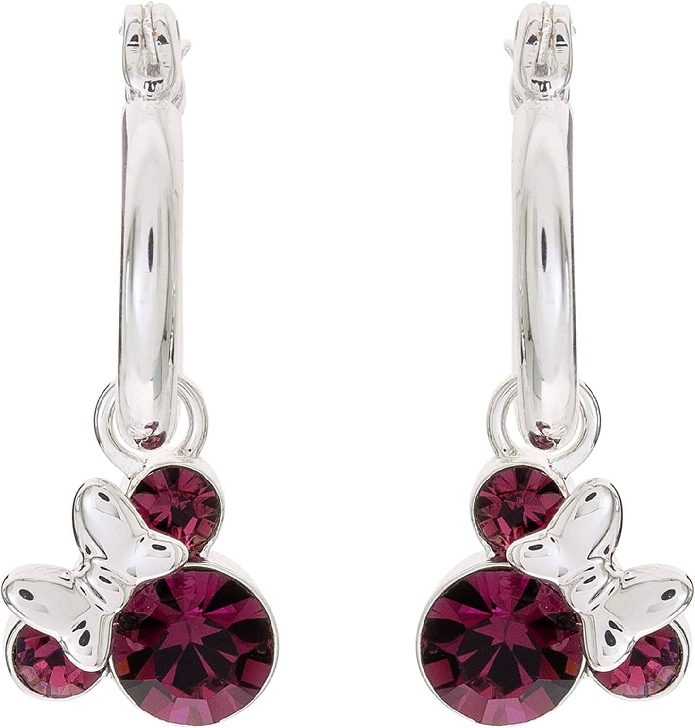 Minnie Mouse Jewelry, Crystal Birthstone Silver Plated Hoop Dangle Earrings, Latch Back February-Amethyst Light Purple Crystal