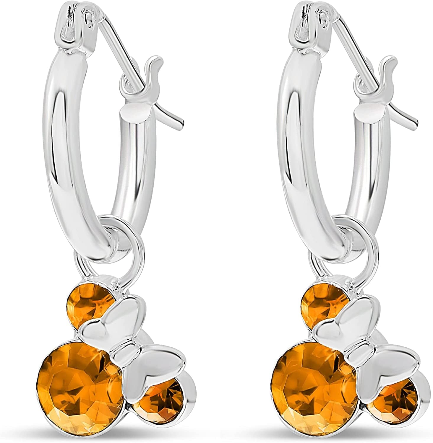 Minnie Mouse Jewelry, Crystal Birthstone Silver Plated Hoop Dangle Earrings, Latch Back November-Topaz Citrine Crystal