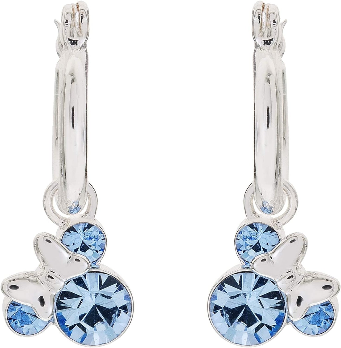 Minnie Mouse Jewelry, Crystal Birthstone Silver Plated Hoop Dangle Earrings, Latch Back December-Sapphire Light Blue Crystal