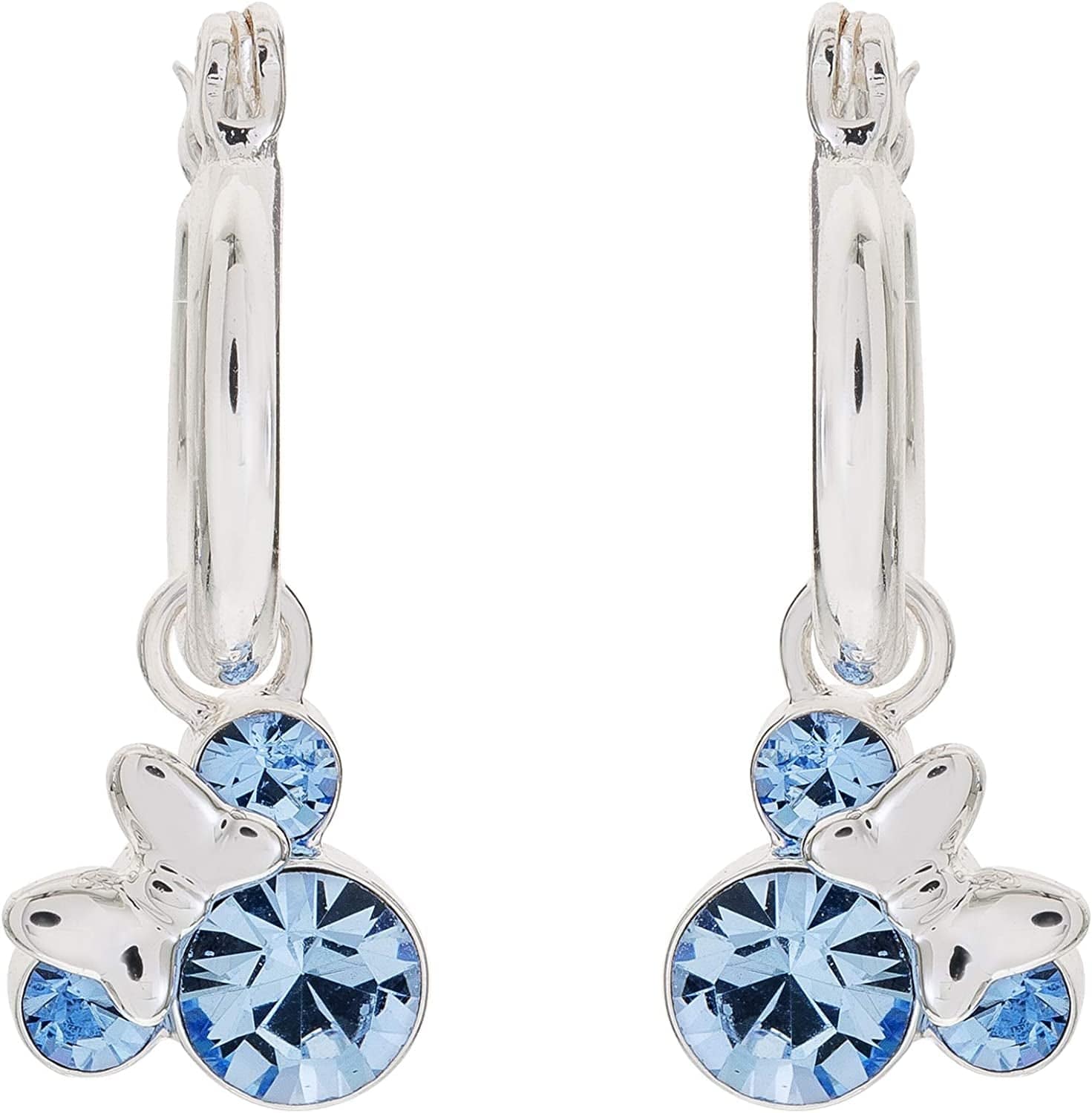 Minnie Mouse Jewelry, Crystal Birthstone Silver Plated Hoop Dangle Earrings, Latch Back December-Sapphire Light Blue Crystal