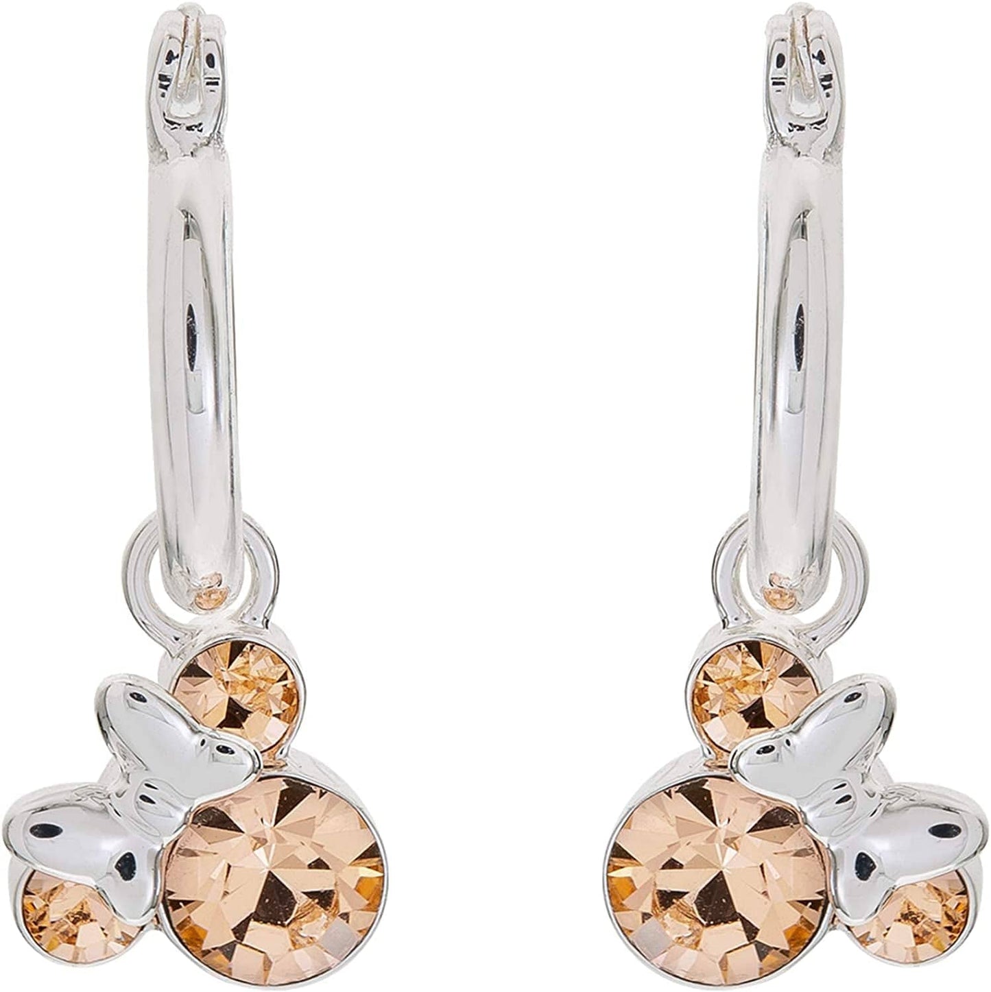 Minnie Mouse Jewelry, Crystal Birthstone Silver Plated Hoop Dangle Earrings, Latch Back June-Alexandrite Light Peach Crystal