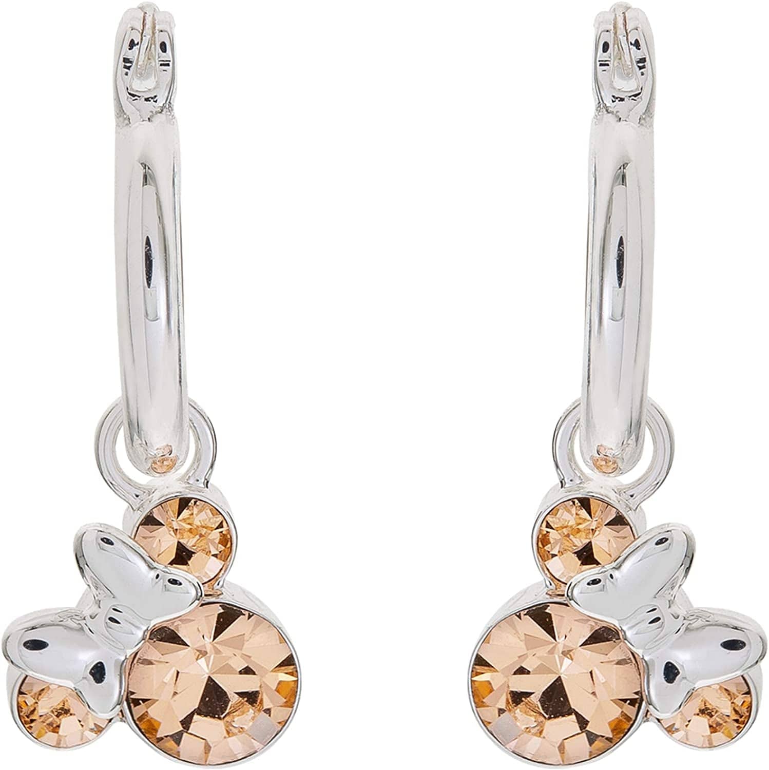 Minnie Mouse Jewelry, Crystal Birthstone Silver Plated Hoop Dangle Earrings, Latch Back June-Alexandrite Light Peach Crystal