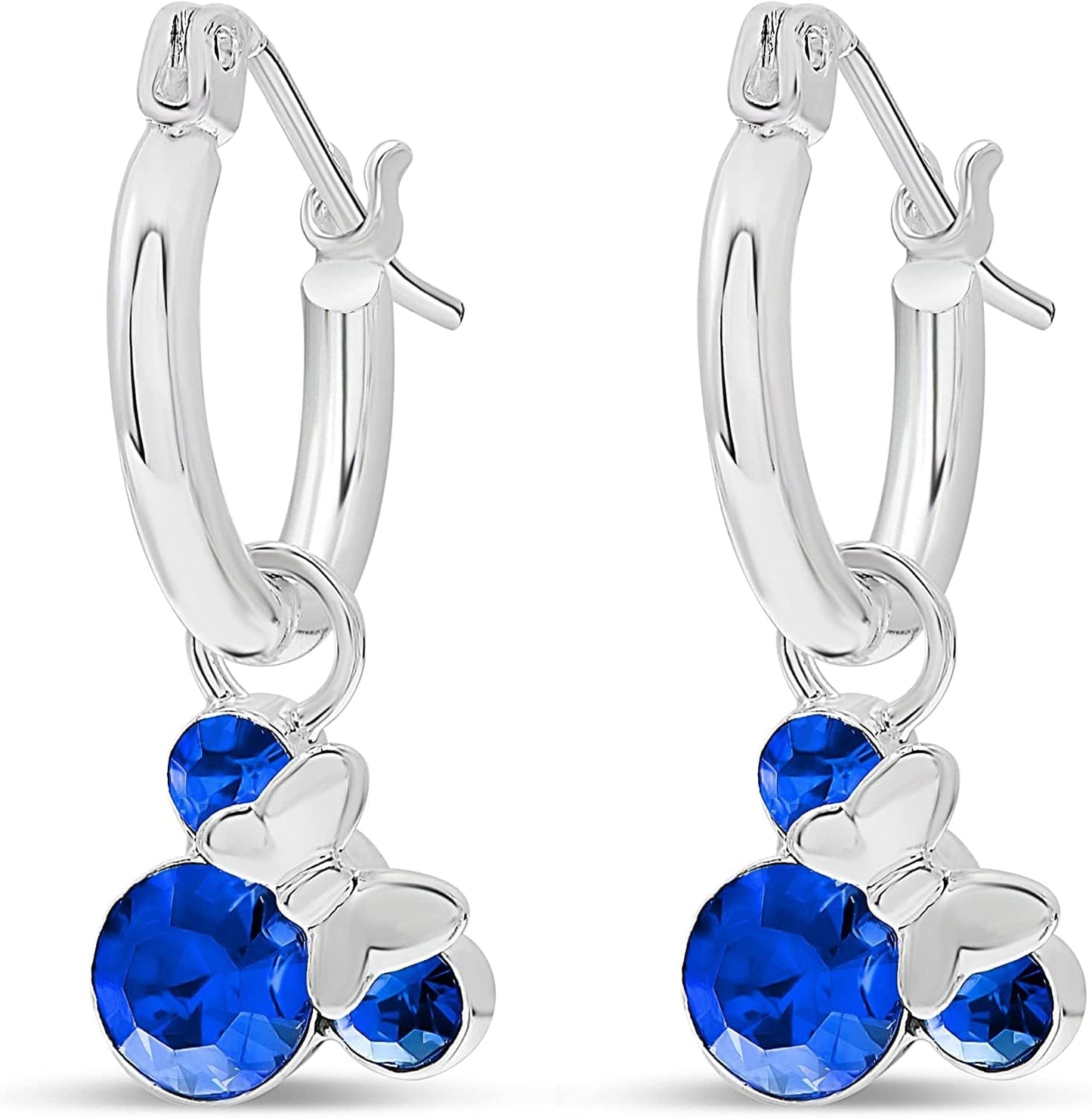 Minnie Mouse Jewelry, Crystal Birthstone Silver Plated Hoop Dangle Earrings, Latch Back September-Sapphire Blue Crystal
