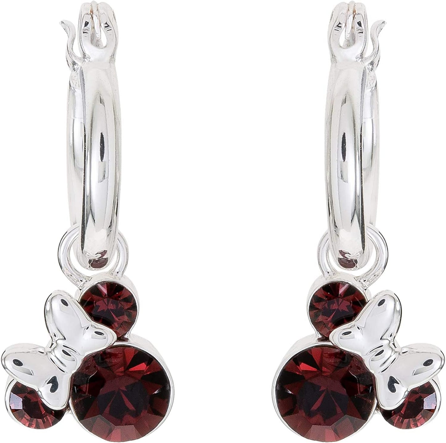 Minnie Mouse Jewelry, Crystal Birthstone Silver Plated Hoop Dangle Earrings, Latch Back January-Garnet Red Crystal