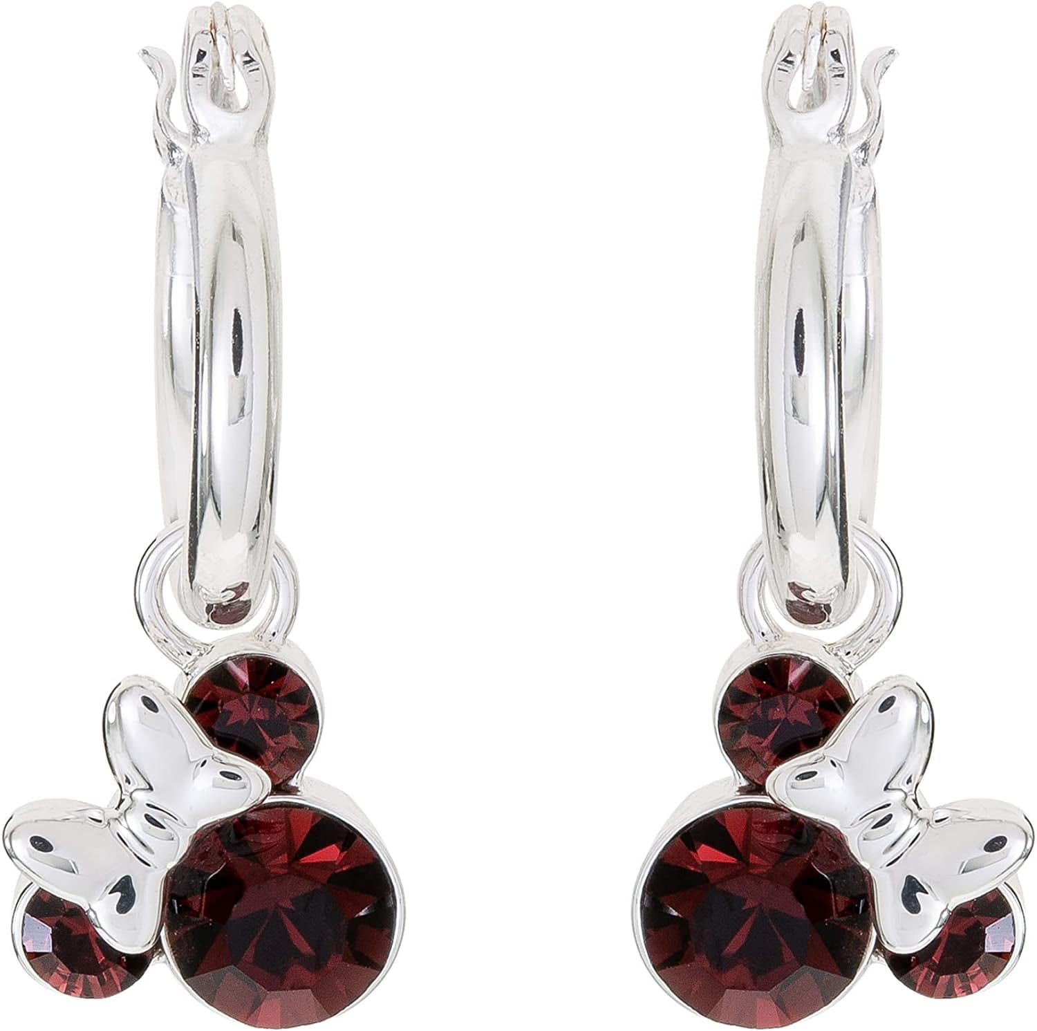 Minnie Mouse Jewelry, Crystal Birthstone Silver Plated Hoop Dangle Earrings, Latch Back January-Garnet Red Crystal