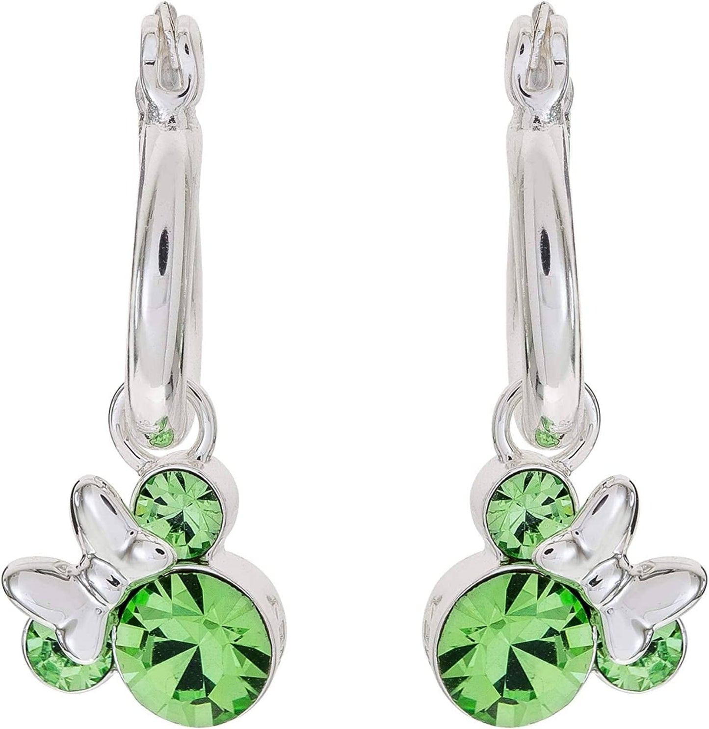 Minnie Mouse Jewelry, Crystal Birthstone Silver Plated Hoop Dangle Earrings, Latch Back August-Peridot Light Green Crystal