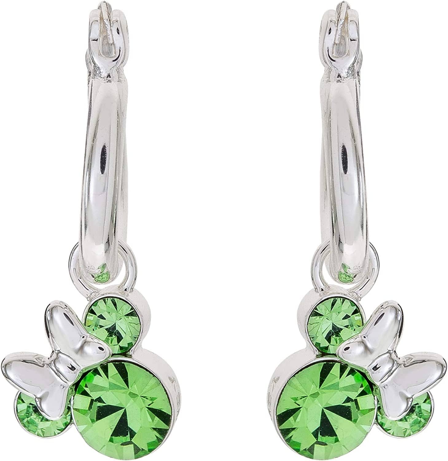 Minnie Mouse Jewelry, Crystal Birthstone Silver Plated Hoop Dangle Earrings, Latch Back August-Peridot Light Green Crystal