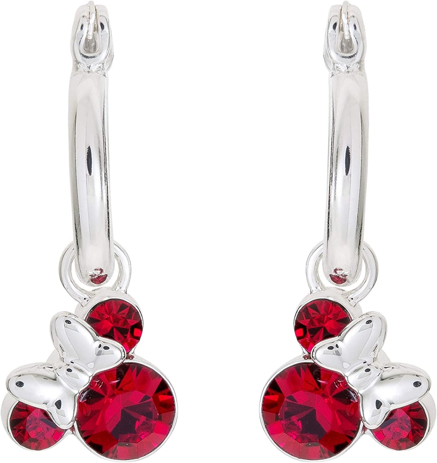 Minnie Mouse Jewelry, Crystal Birthstone Silver Plated Hoop Dangle Earrings, Latch Back July-Ruby Red Crystal