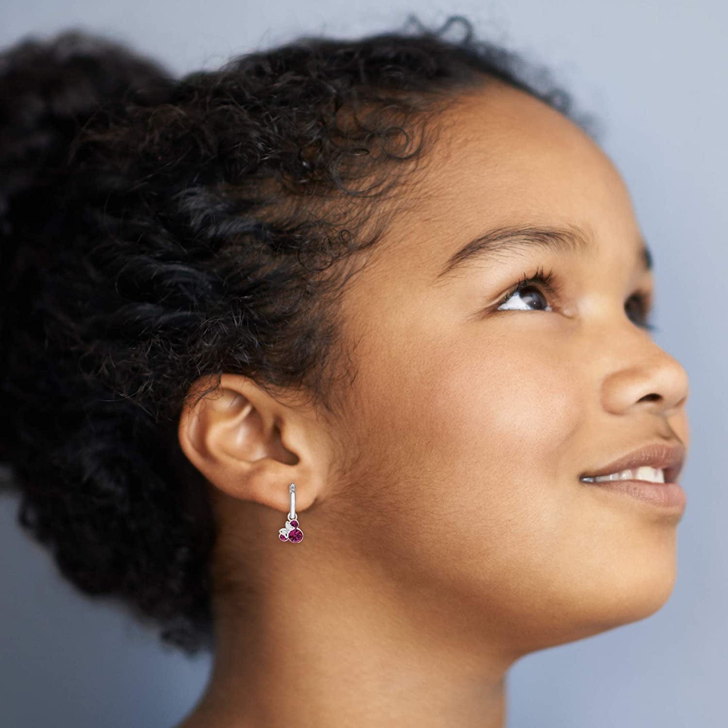 Minnie Mouse Jewelry, Crystal Birthstone Silver Plated Hoop Dangle Earrings, Latch Back