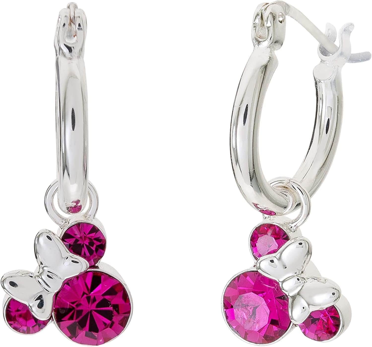 Minnie Mouse Jewelry, Crystal Birthstone Silver Plated Hoop Dangle Earrings, Latch Back