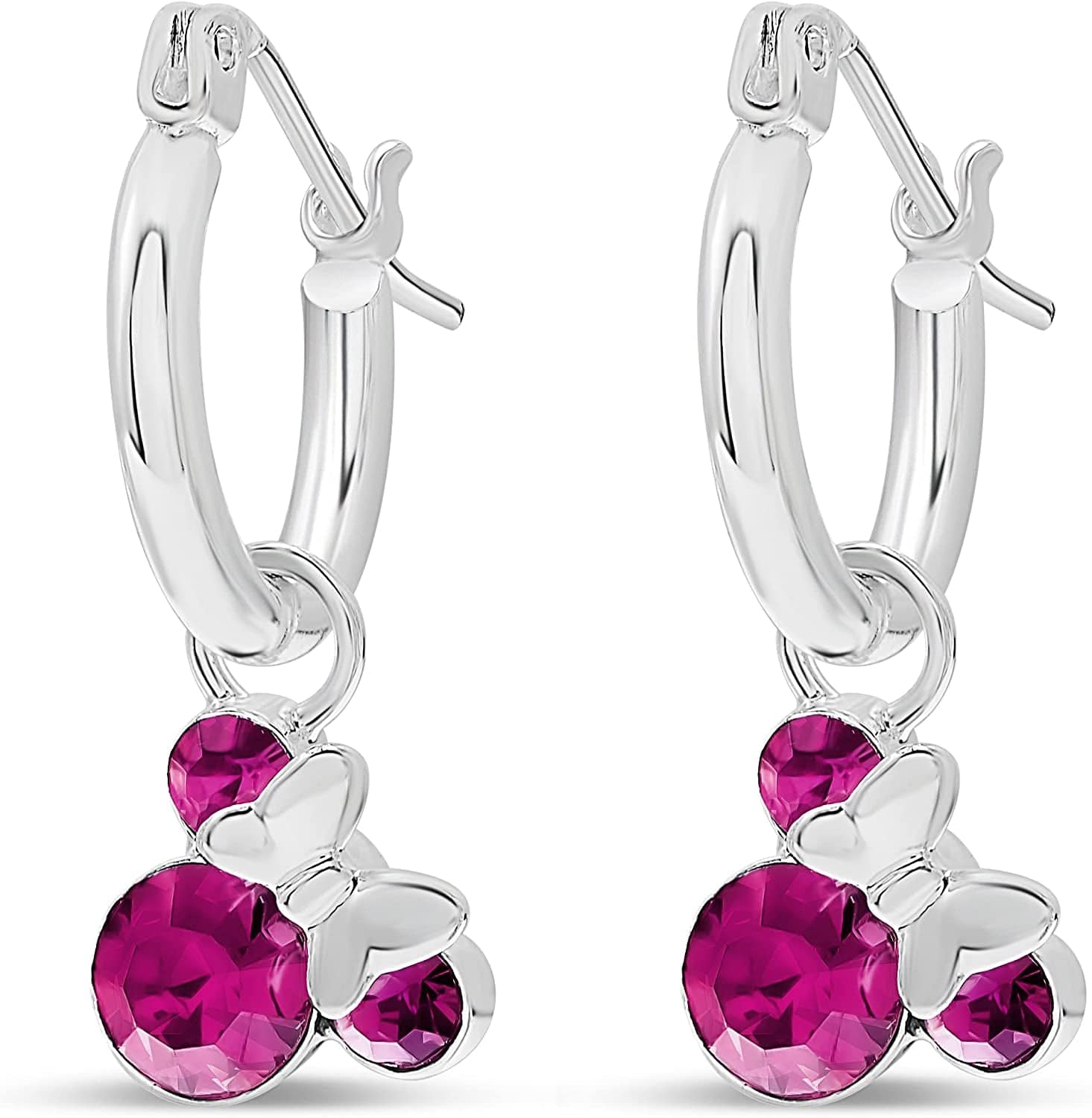 Minnie Mouse Jewelry, Crystal Birthstone Silver Plated Hoop Dangle Earrings, Latch Back October-Fuchsia Light Red Crystal
