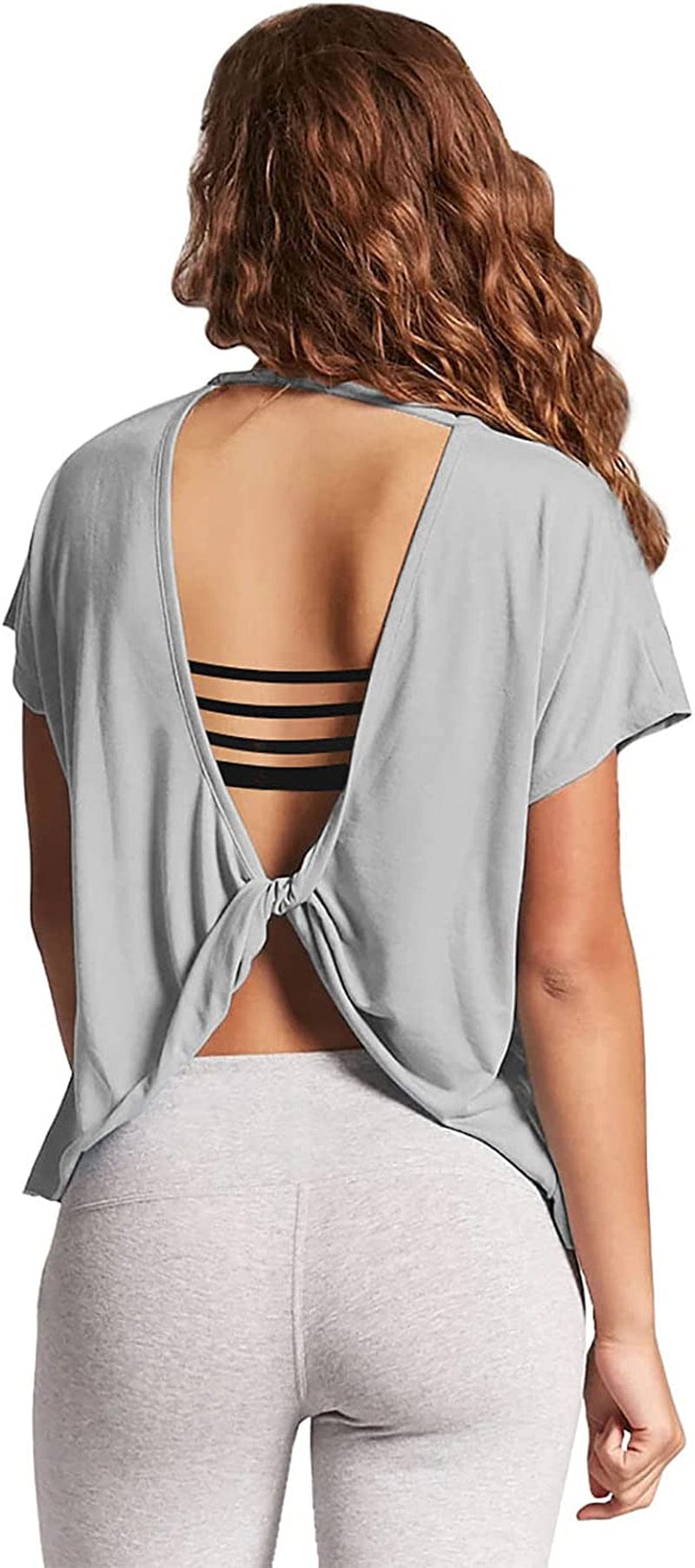 Mippo Womens Open Back Workout Tops Short Sleeve Athletic Gym Activewear Shirts Loose Fit Gray / Medium