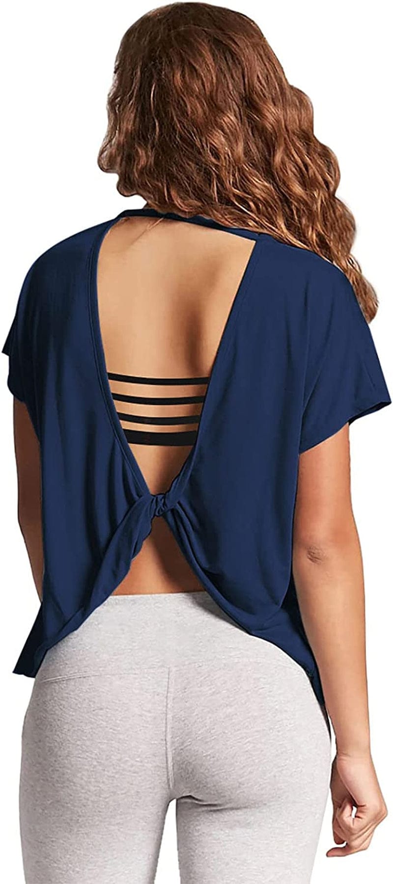 Mippo Womens Open Back Workout Tops Short Sleeve Athletic Gym Activewear Shirts Loose Fit Navy Blue / Medium