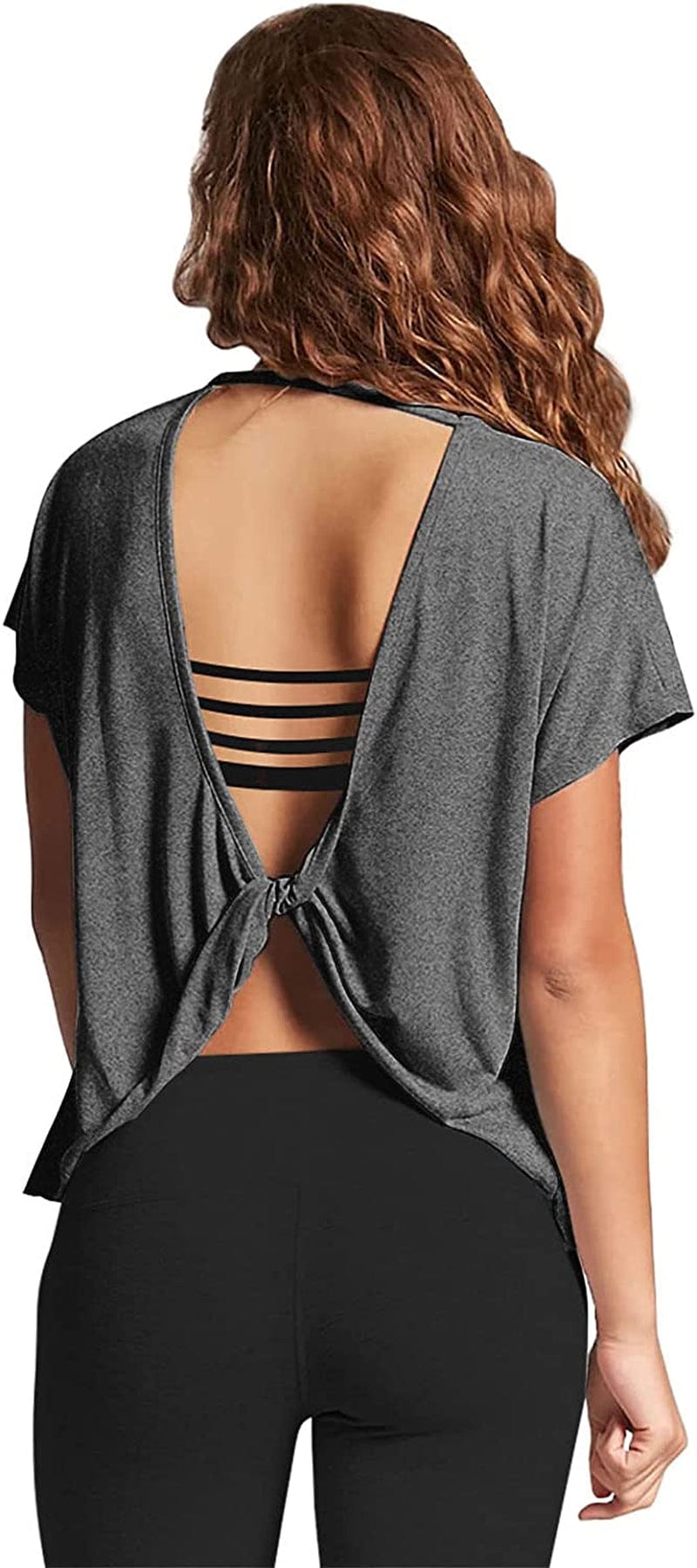 Mippo Womens Open Back Workout Tops Short Sleeve Athletic Gym Activewear Shirts Loose Fit Heather Gray / Medium