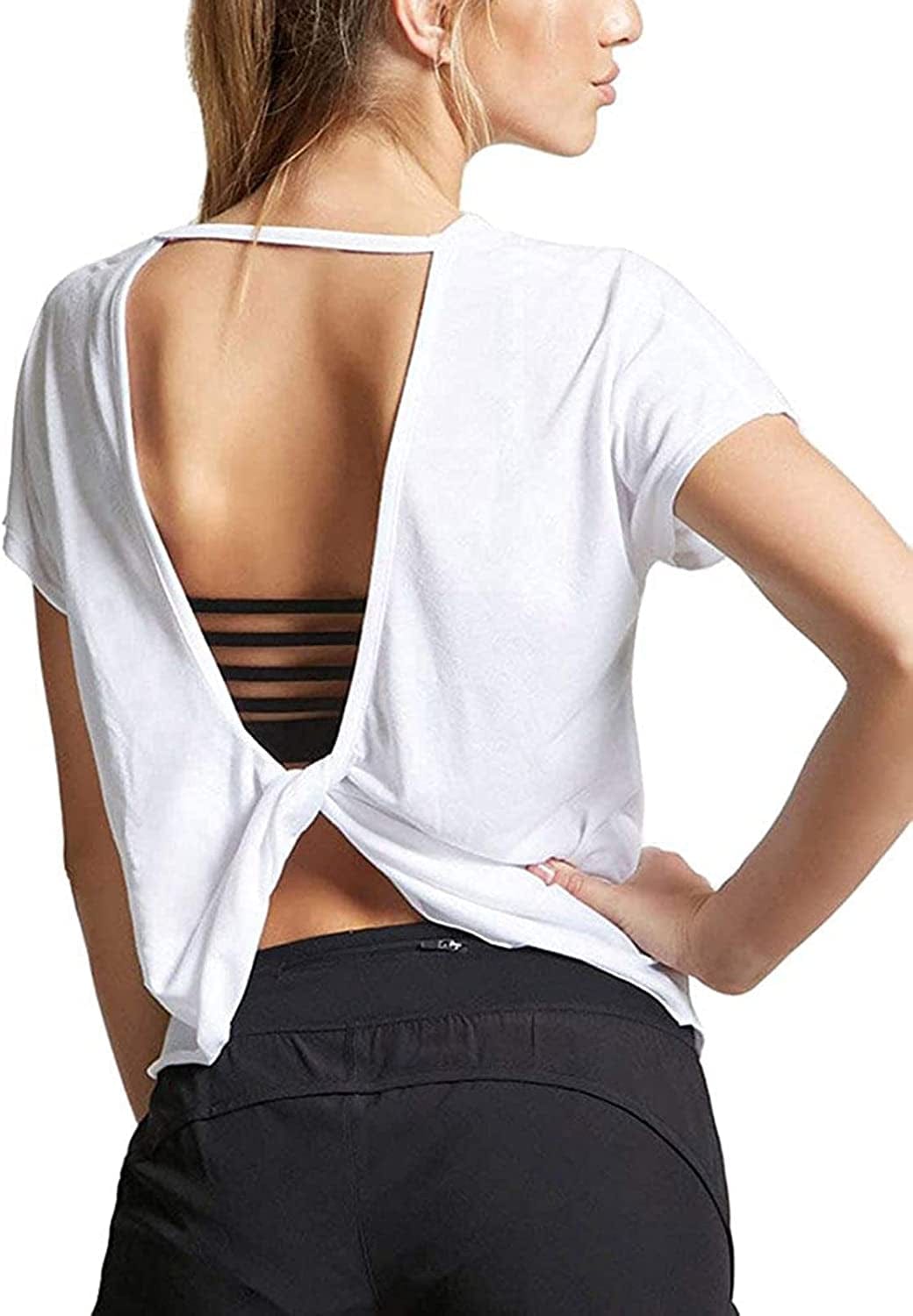 Mippo Womens Open Back Workout Tops Short Sleeve Athletic Gym Activewear Shirts Loose Fit White / Medium