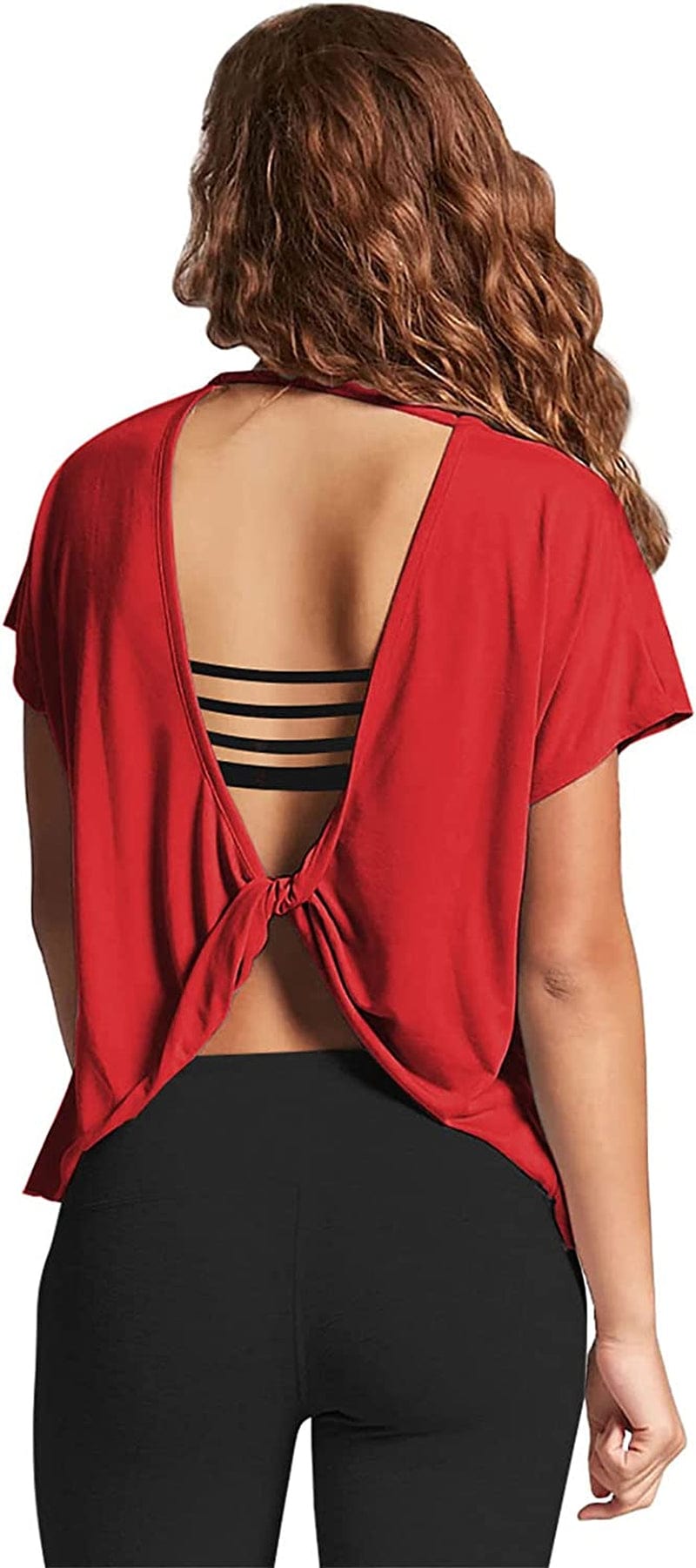 Mippo Womens Open Back Workout Tops Short Sleeve Athletic Gym Activewear Shirts Loose Fit Red / Medium
