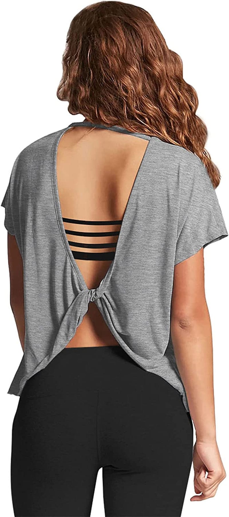 Mippo Womens Open Back Workout Tops Short Sleeve Athletic Gym Activewear Shirts Loose Fit Light Heather Gray / Medium