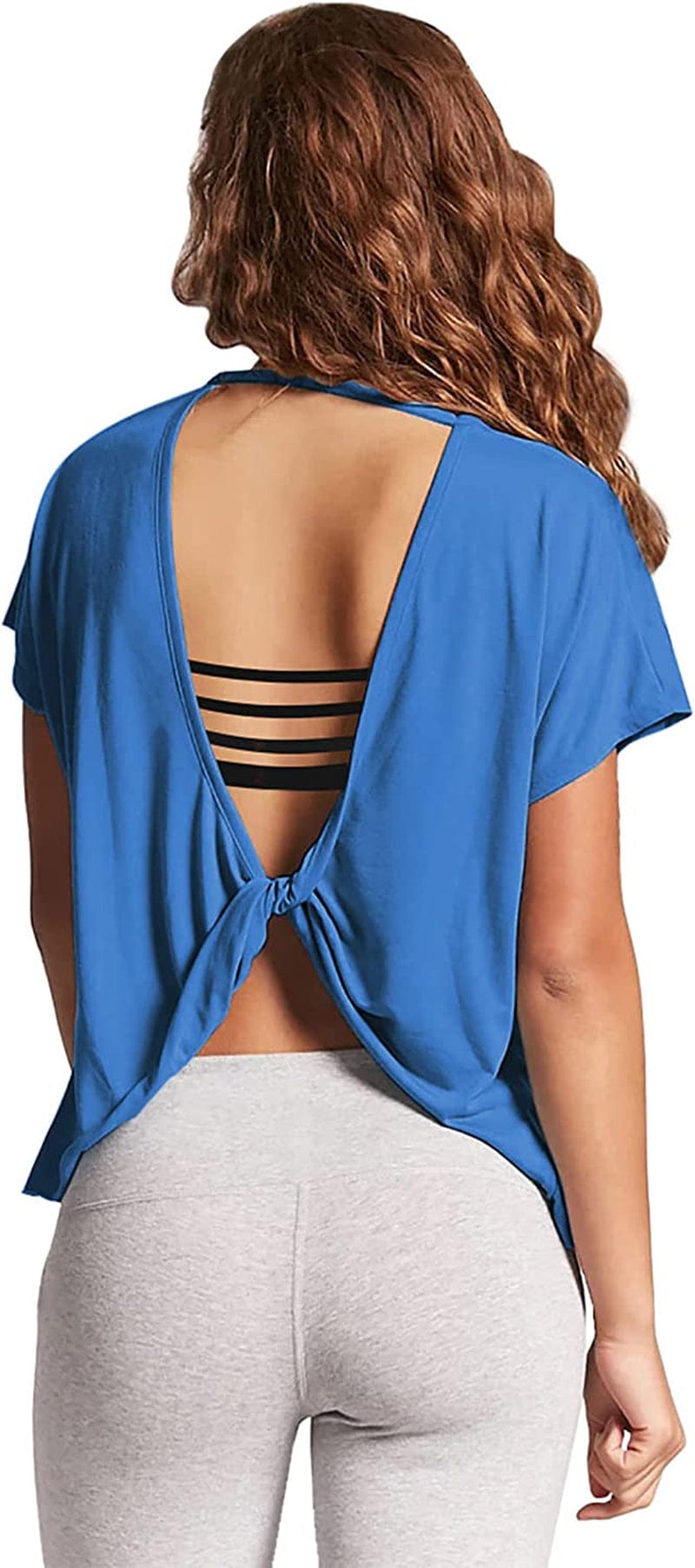 Mippo Womens Open Back Workout Tops Short Sleeve Athletic Gym Activewear Shirts Loose Fit Blue / Medium