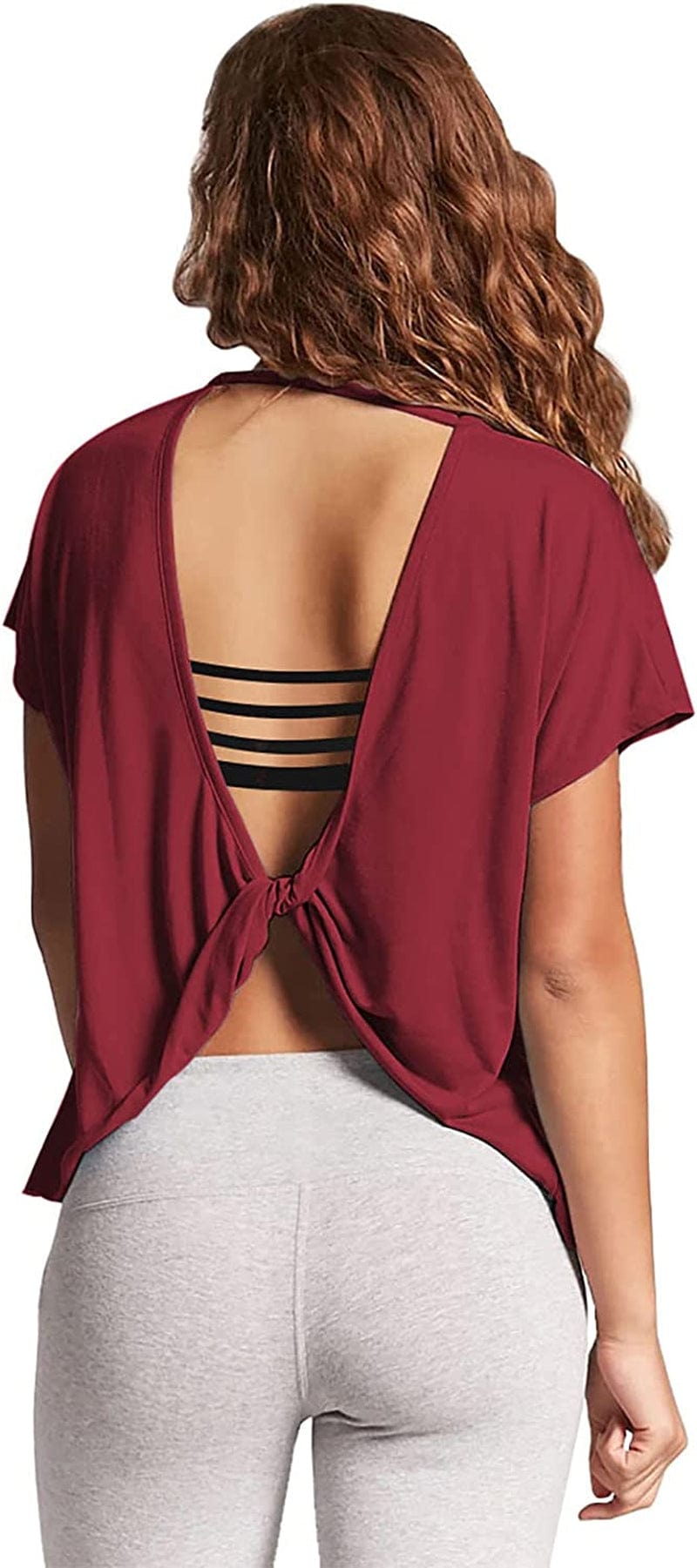 Mippo Womens Open Back Workout Tops Short Sleeve Athletic Gym Activewear Shirts Loose Fit Wine Red / Medium