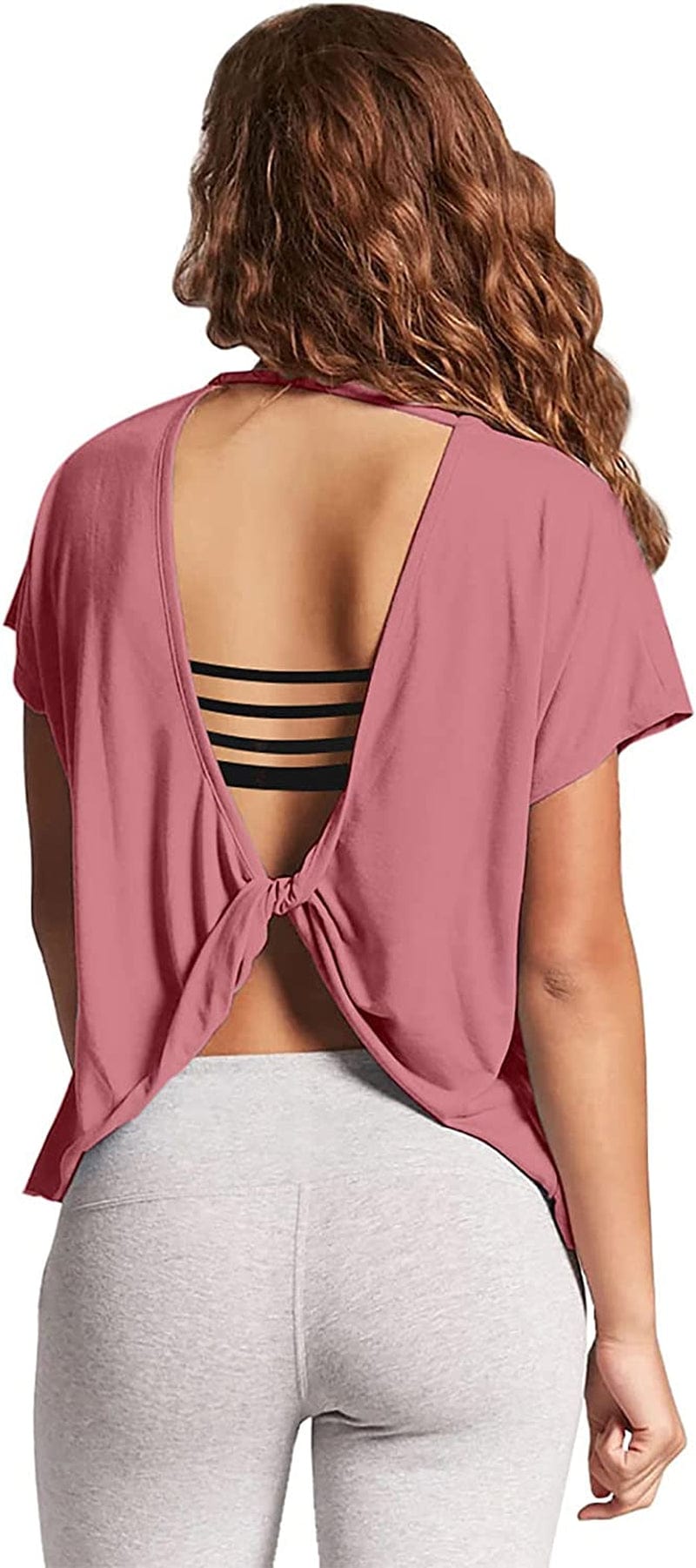 Mippo Womens Open Back Workout Tops Short Sleeve Athletic Gym Activewear Shirts Loose Fit Dusty Rose / Medium