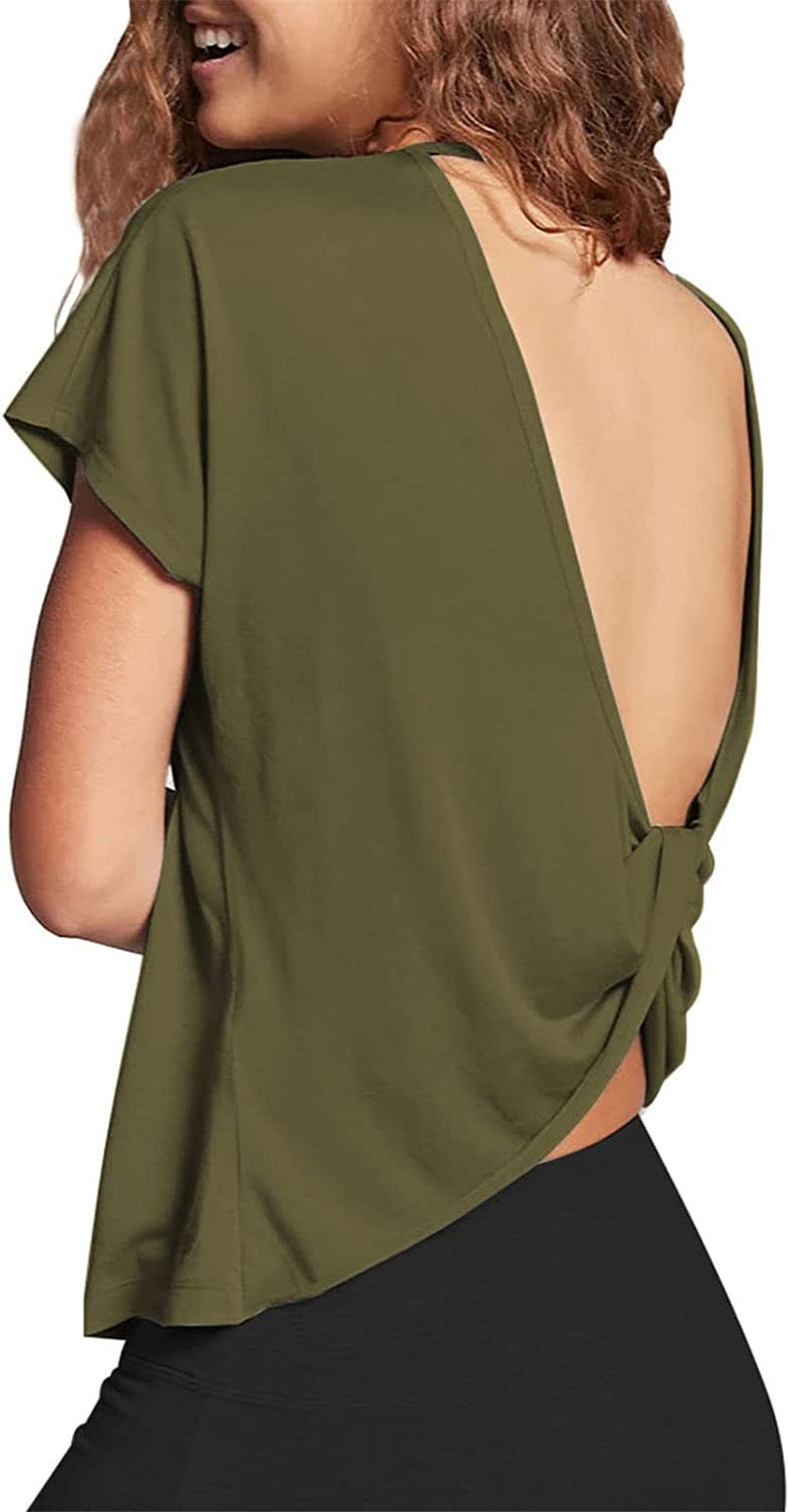 Mippo Womens Open Back Workout Tops Short Sleeve Athletic Gym Activewear Shirts Loose Fit