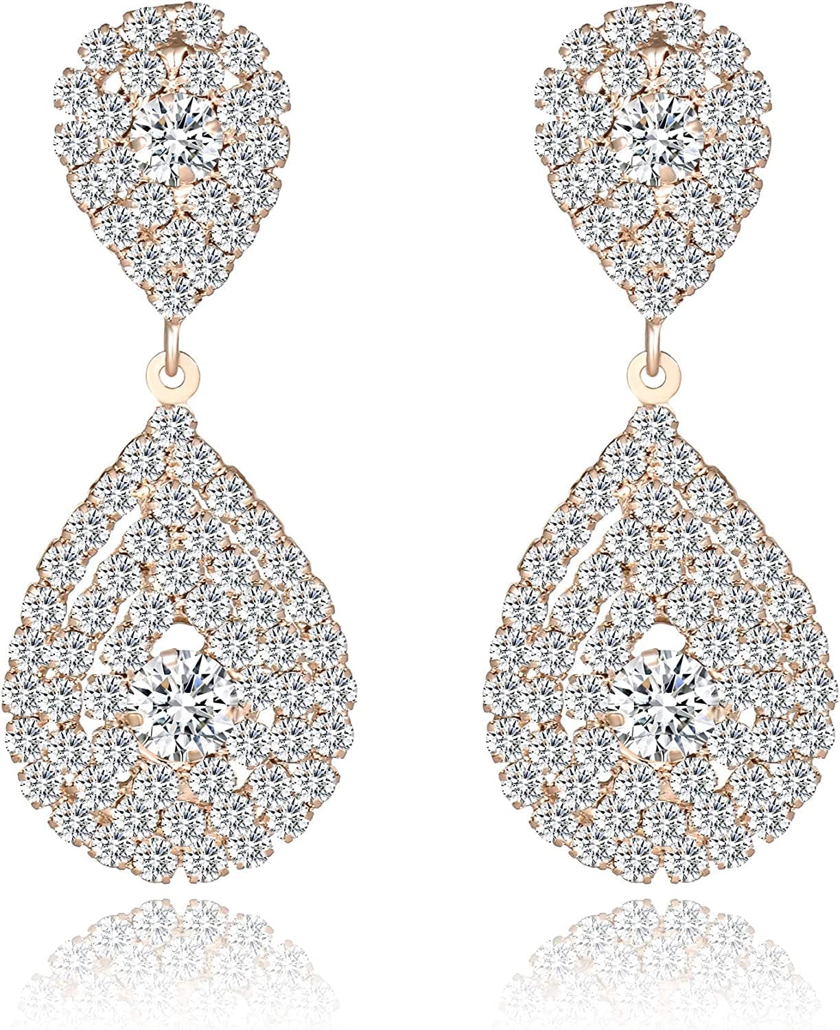 Miraculous Garden Silver/Gold Plating Wedding Bridal Crystal Tiara Crown Teardrop Statement Necklace Link Bracelet Dangle Earrings Rhinestone Handbag Jewelry Set for Women Girls Gold Plated White Earrings