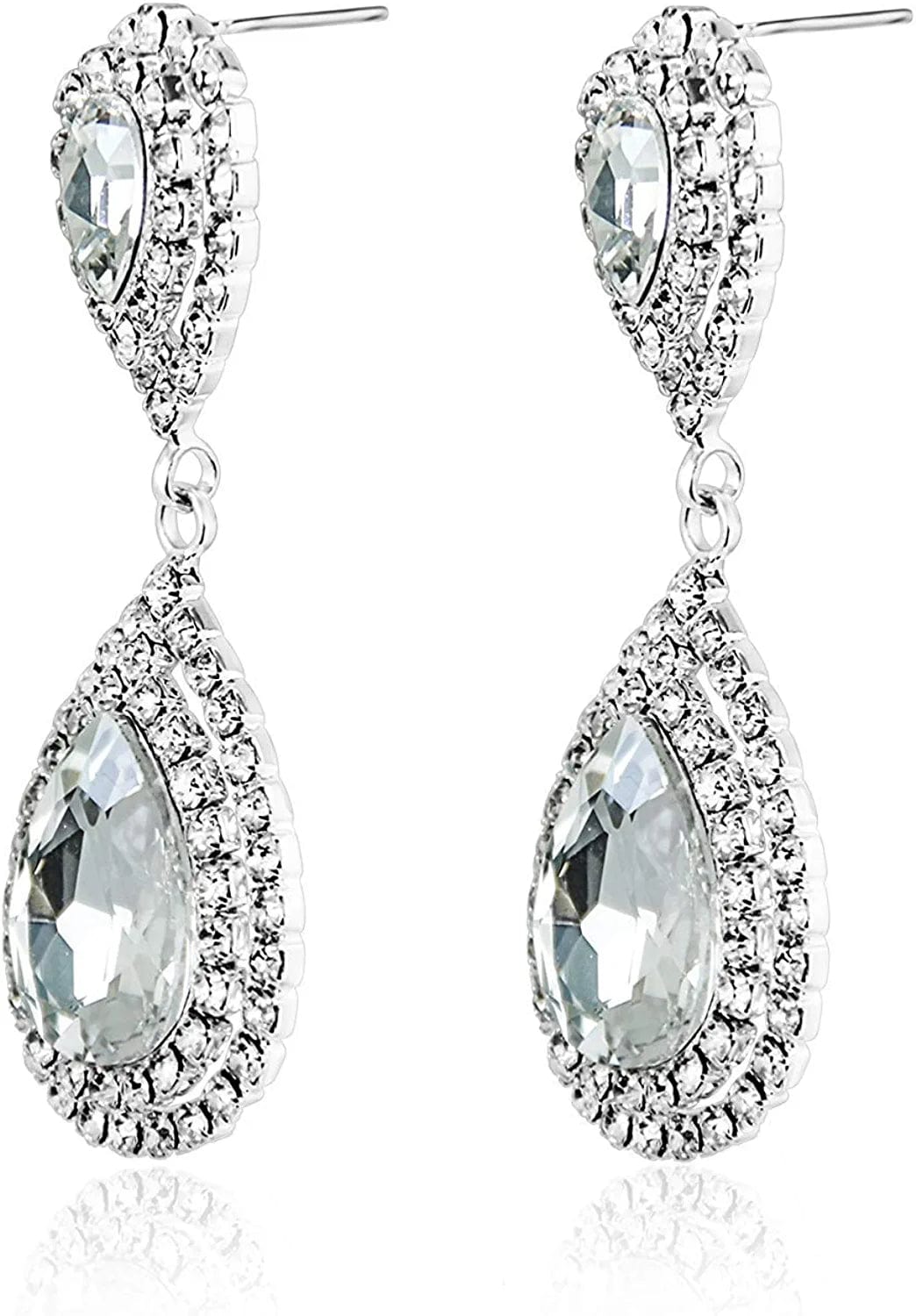 Miraculous Garden Womens Rhinestone Crystal Wedding Link Bracelet Teardrop Drop Earrings Jewelry Set Silver Plating White Link Bracelet Earrings