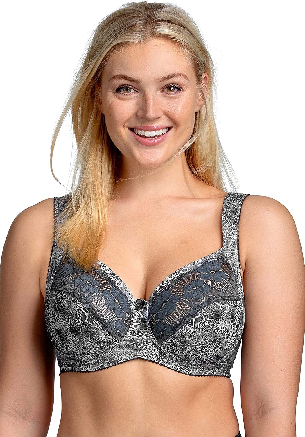 Miss Mary of Sweden Leo Underwired Elastic Lace Bra with Unpadded Cups Luxurious Design and Animal Print Dark Grey / (44) 44B