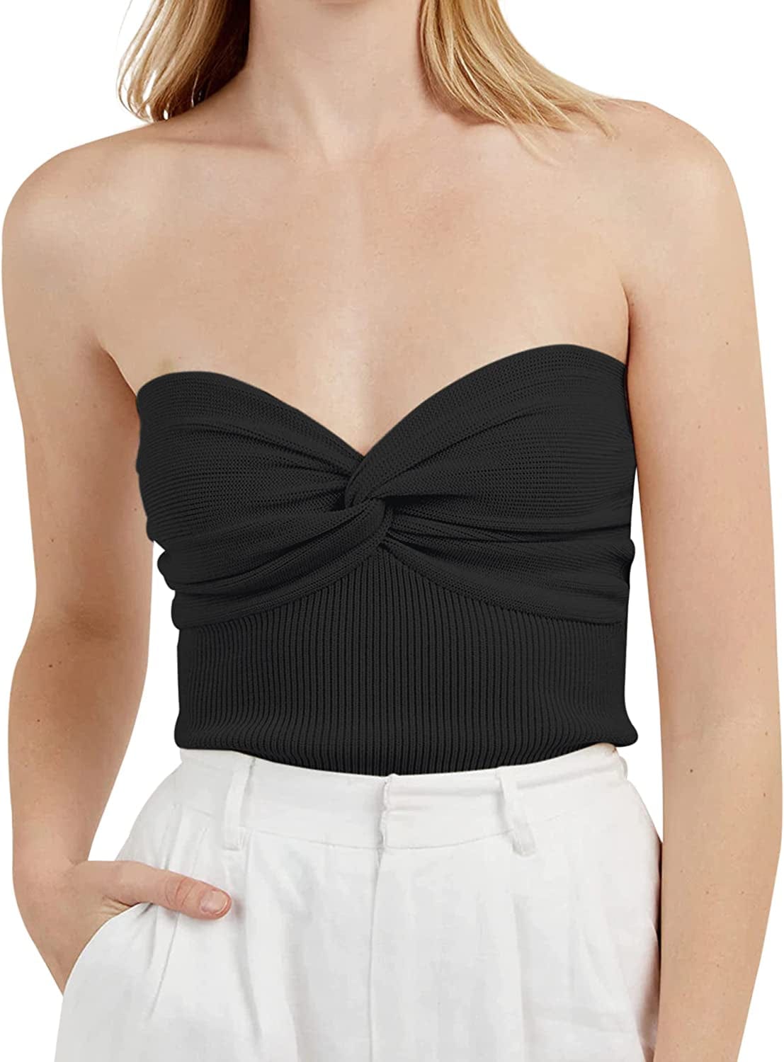 MISSACTIVER Women’S Sexy Twist Front Knitted Tube Top Strapless Solid Ruched Rib-Knit Crop Top Tank Top Black / Small