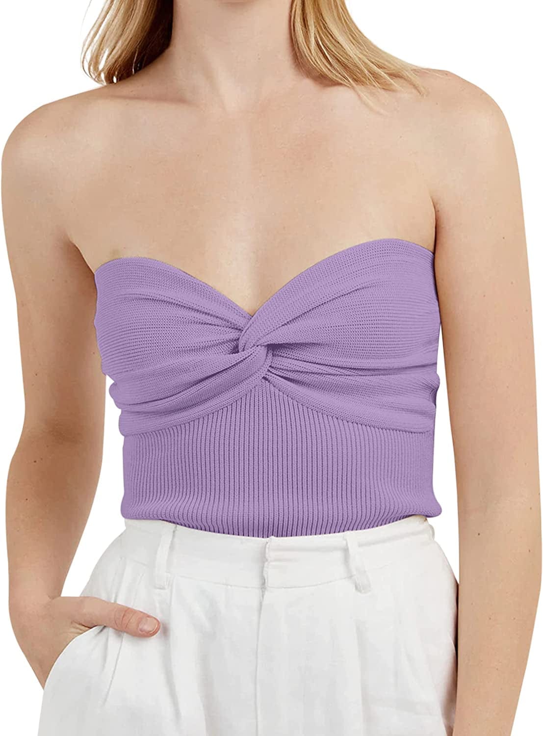 MISSACTIVER Women’S Sexy Twist Front Knitted Tube Top Strapless Solid Ruched Rib-Knit Crop Top Tank Top Purple / Small