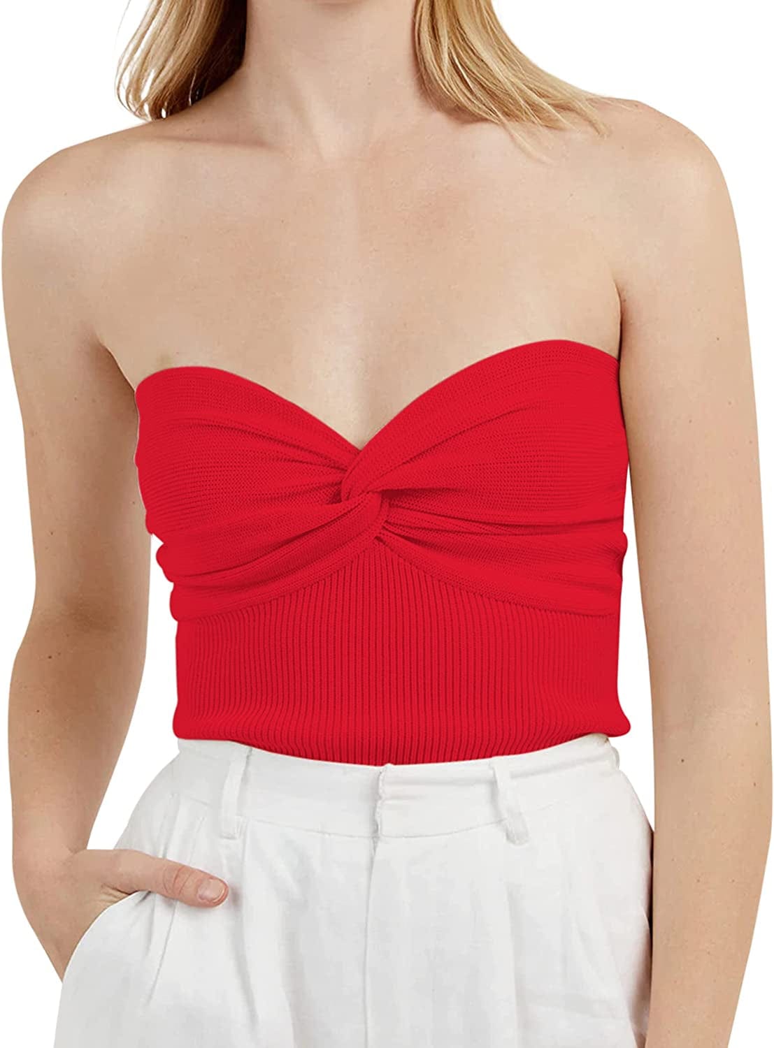 MISSACTIVER Women’S Sexy Twist Front Knitted Tube Top Strapless Solid Ruched Rib-Knit Crop Top Tank Top Red / Small