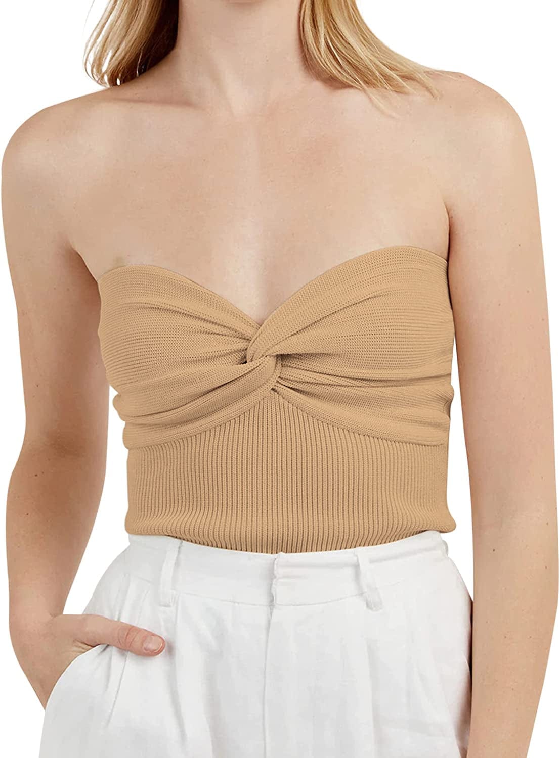 MISSACTIVER Women’S Sexy Twist Front Knitted Tube Top Strapless Solid Ruched Rib-Knit Crop Top Tank Top Khaki / Small