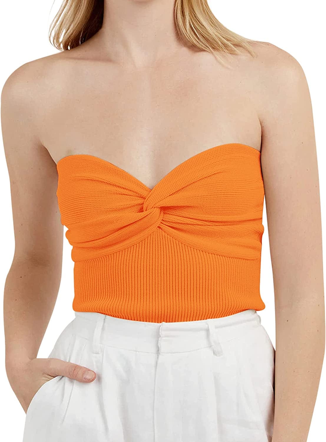 MISSACTIVER Women’S Sexy Twist Front Knitted Tube Top Strapless Solid Ruched Rib-Knit Crop Top Tank Top Orange / Small