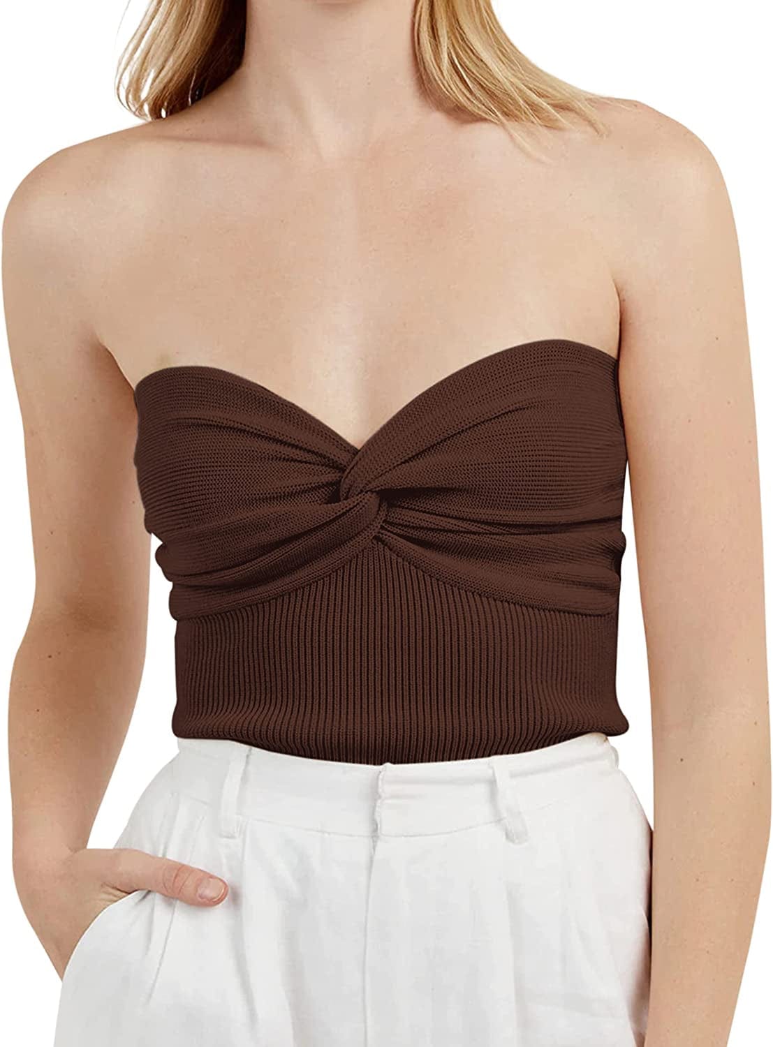 MISSACTIVER Women’S Sexy Twist Front Knitted Tube Top Strapless Solid Ruched Rib-Knit Crop Top Tank Top Brown / Small