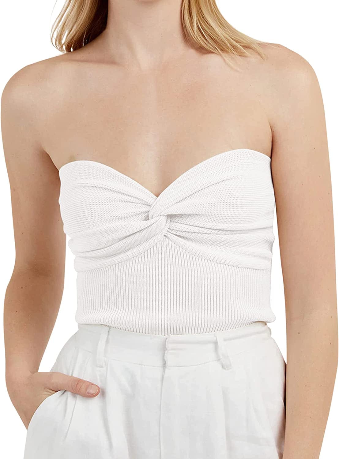 MISSACTIVER Women’S Sexy Twist Front Knitted Tube Top Strapless Solid Ruched Rib-Knit Crop Top Tank Top White / Small