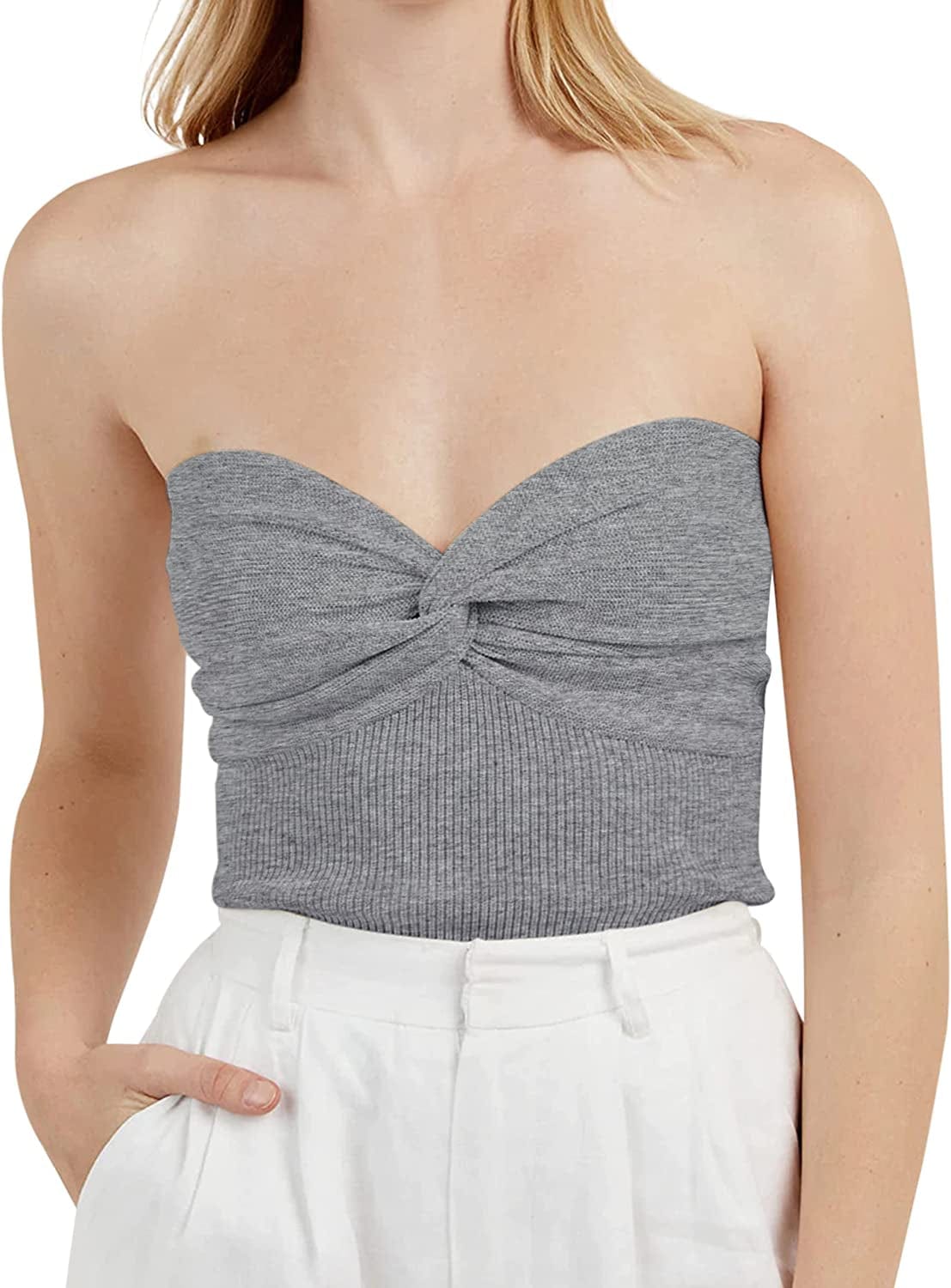 MISSACTIVER Women’S Sexy Twist Front Knitted Tube Top Strapless Solid Ruched Rib-Knit Crop Top Tank Top Grey / Small