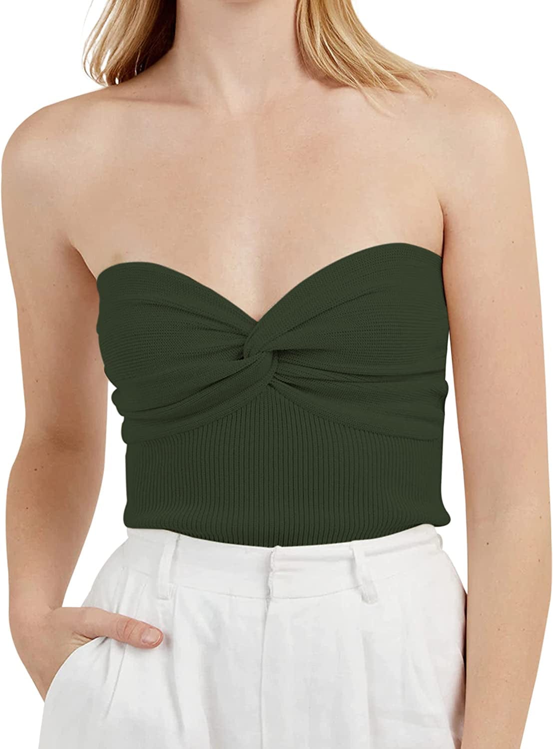 MISSACTIVER Women’S Sexy Twist Front Knitted Tube Top Strapless Solid Ruched Rib-Knit Crop Top Tank Top Army Green / Small