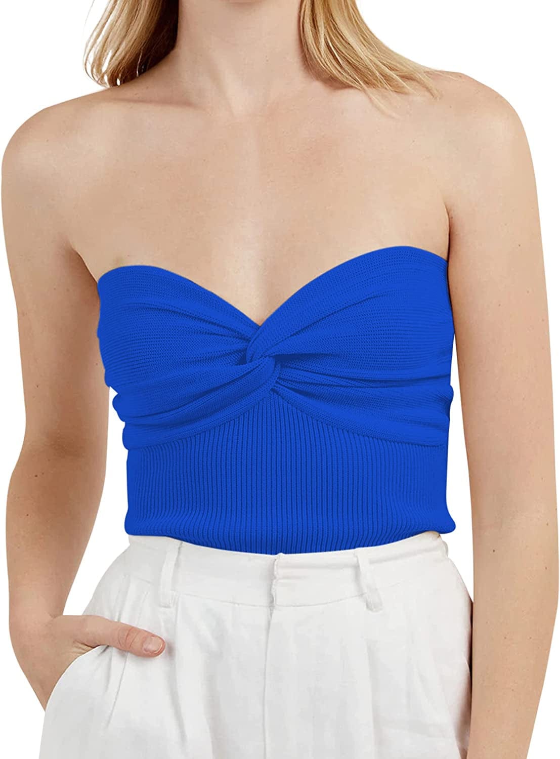 MISSACTIVER Women’S Sexy Twist Front Knitted Tube Top Strapless Solid Ruched Rib-Knit Crop Top Tank Top Blue / Small