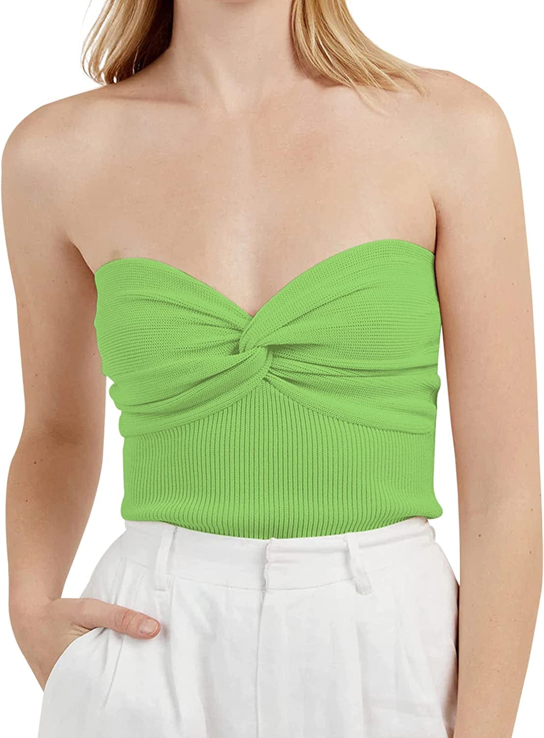 MISSACTIVER Women’S Sexy Twist Front Knitted Tube Top Strapless Solid Ruched Rib-Knit Crop Top Tank Top Green / Small