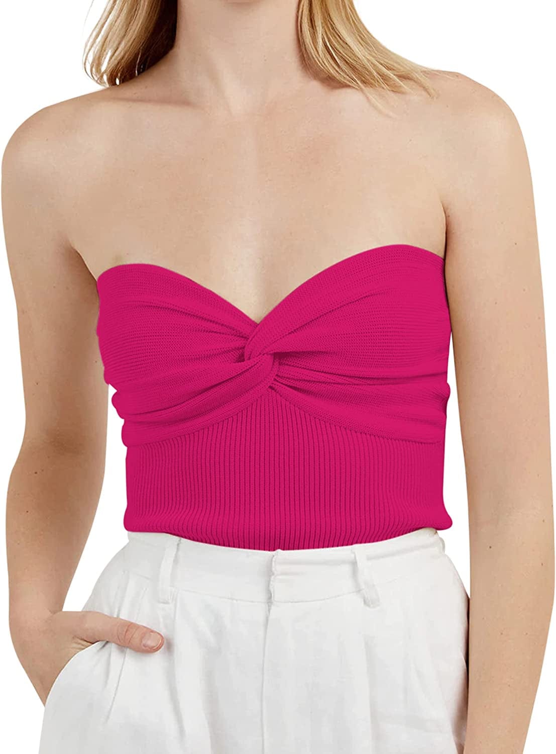 MISSACTIVER Women’S Sexy Twist Front Knitted Tube Top Strapless Solid Ruched Rib-Knit Crop Top Tank Top Hot Pink / Small