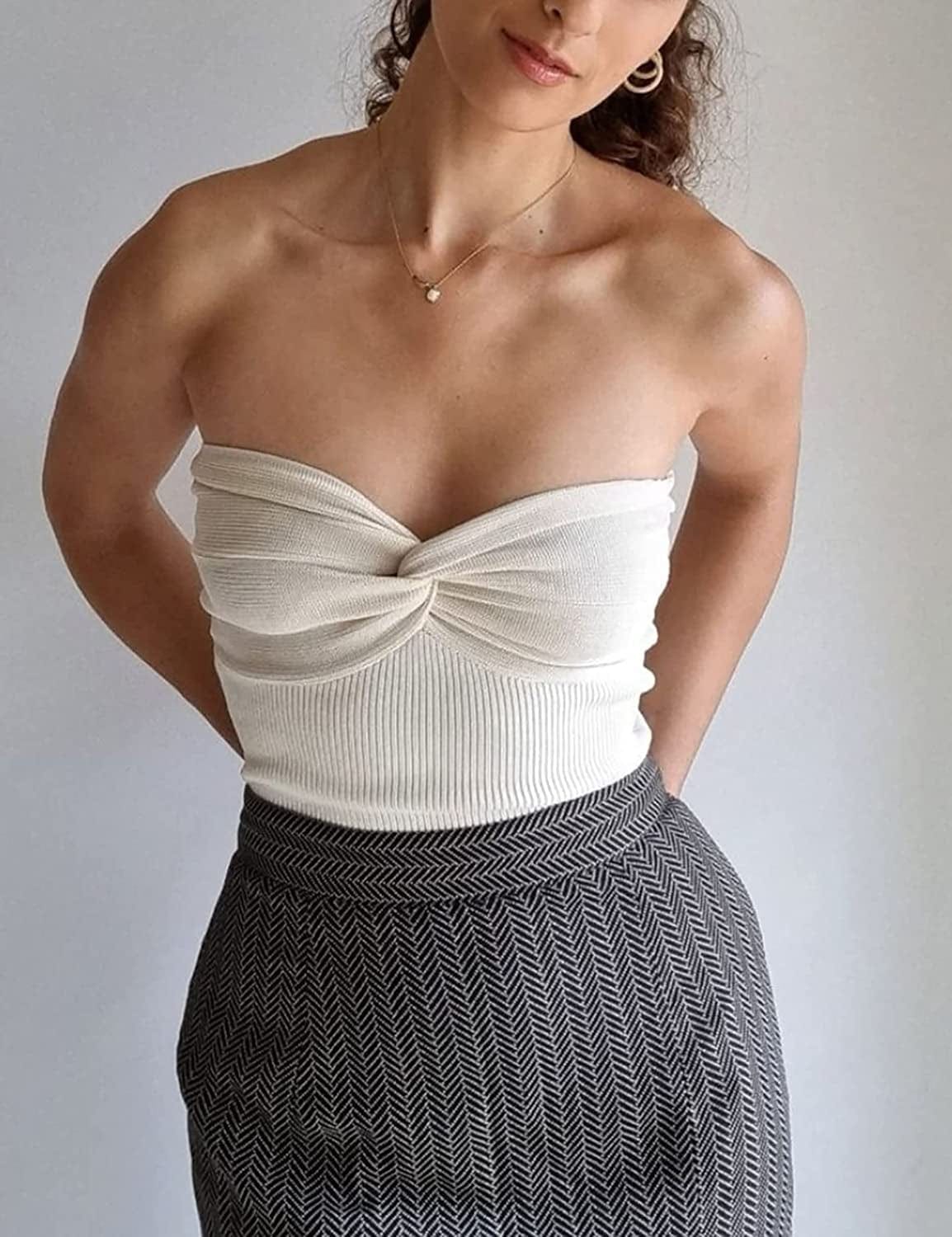 MISSACTIVER Women’S Sexy Twist Front Knitted Tube Top Strapless Solid Ruched Rib-Knit Crop Top Tank Top