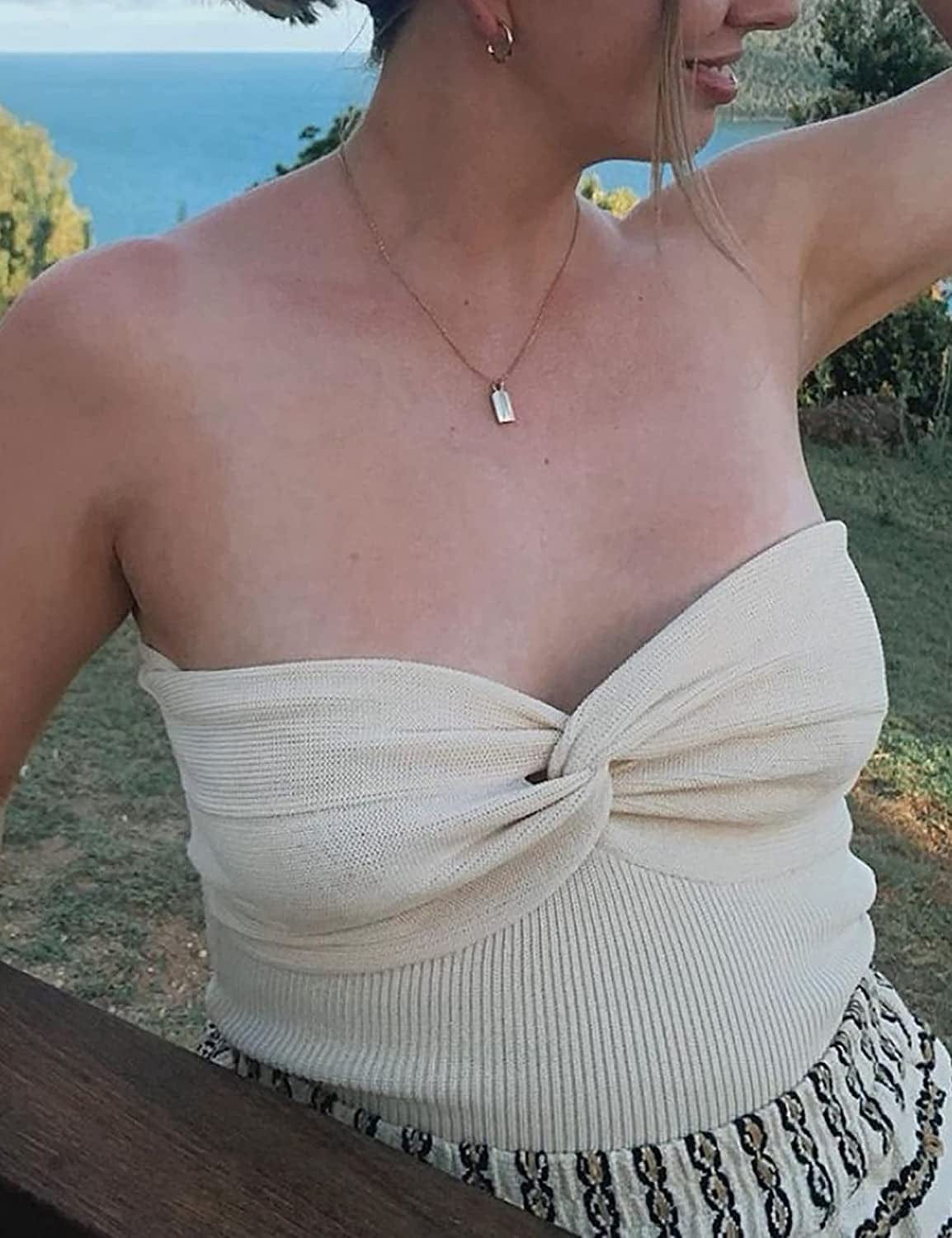 MISSACTIVER Women’S Sexy Twist Front Knitted Tube Top Strapless Solid Ruched Rib-Knit Crop Top Tank Top