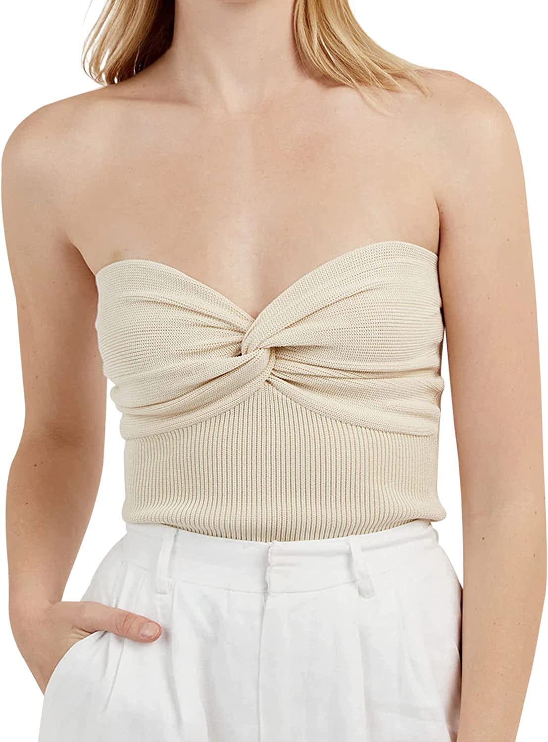 MISSACTIVER Women’S Sexy Twist Front Knitted Tube Top Strapless Solid Ruched Rib-Knit Crop Top Tank Top Apricot / Small