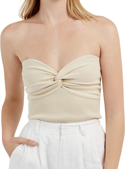 MISSACTIVER Women’S Sexy Twist Front Knitted Tube Top Strapless Solid Ruched Rib-Knit Crop Top Tank Top Apricot / Small