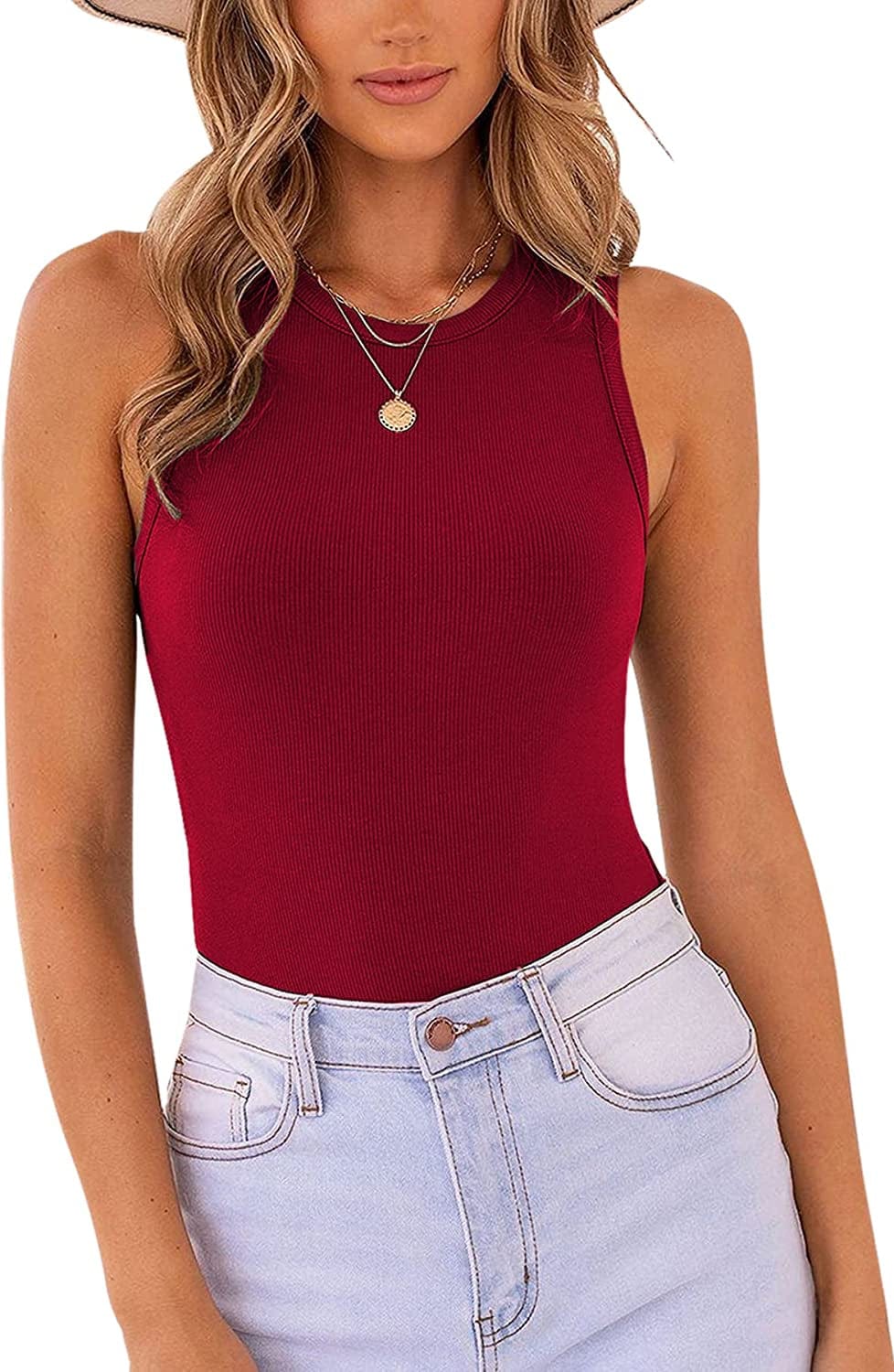 MISSJOY Women'S Basic Sleeveless Racer Back Halter Neck Ribbed Bodysuit Tank Tops Wine-red / X-Large