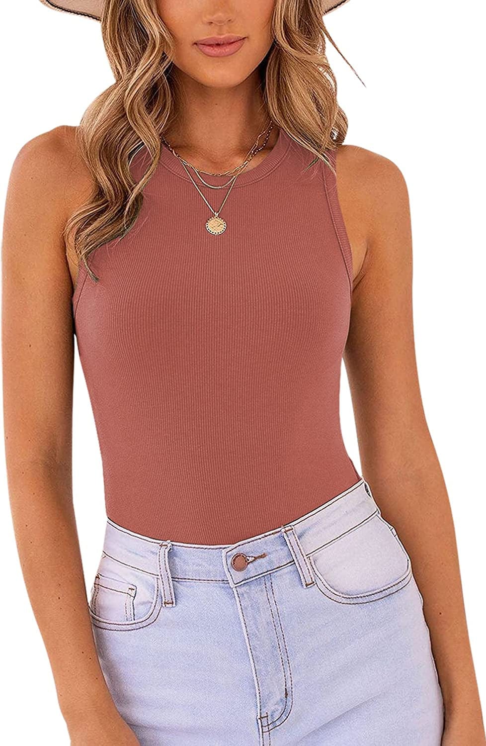 MISSJOY Women'S Basic Sleeveless Racer Back Halter Neck Ribbed Bodysuit Tank Tops Brick Red / X-Large