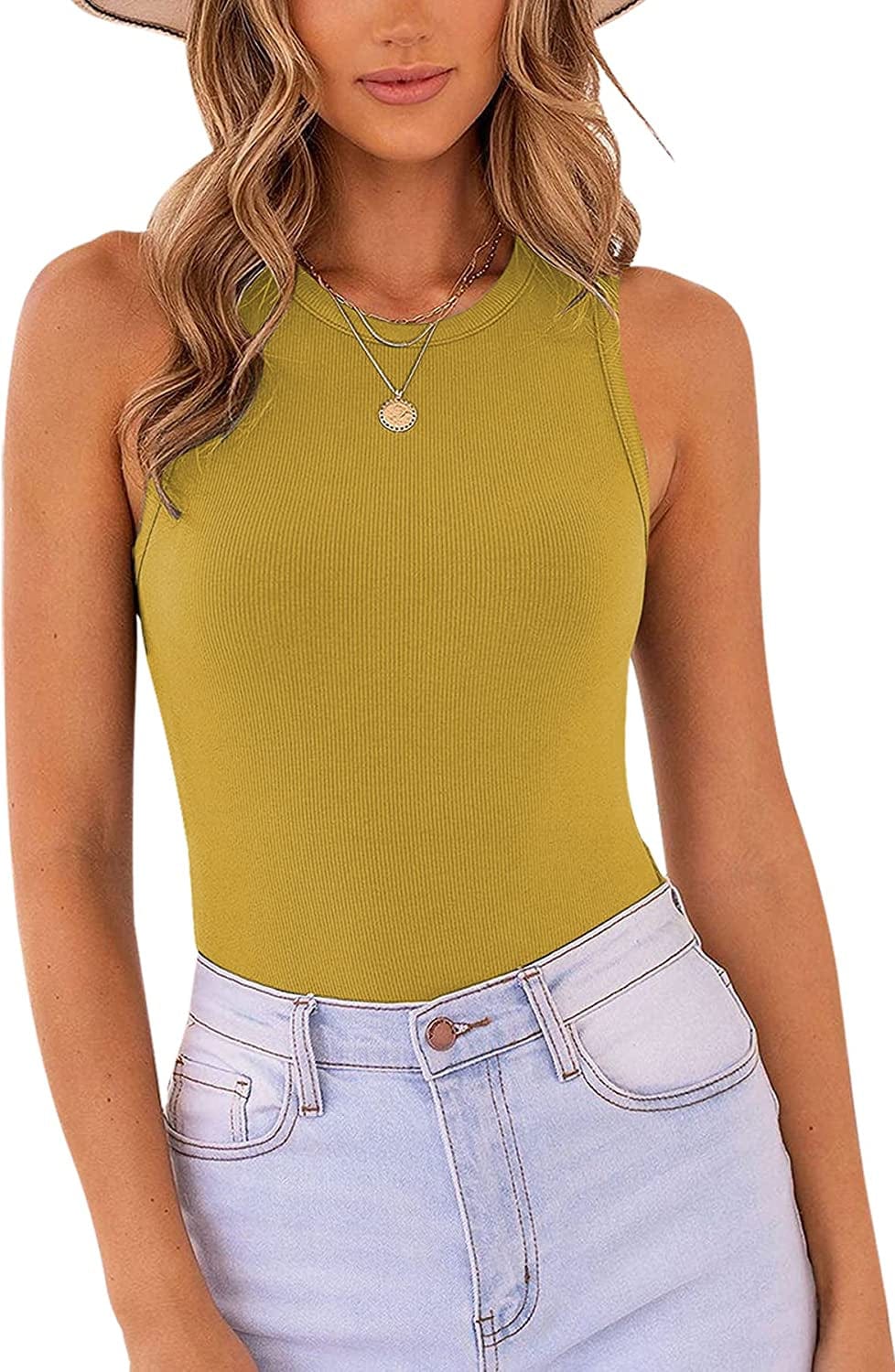 MISSJOY Women'S Basic Sleeveless Racer Back Halter Neck Ribbed Bodysuit Tank Tops Mustard Yellow / X-Large