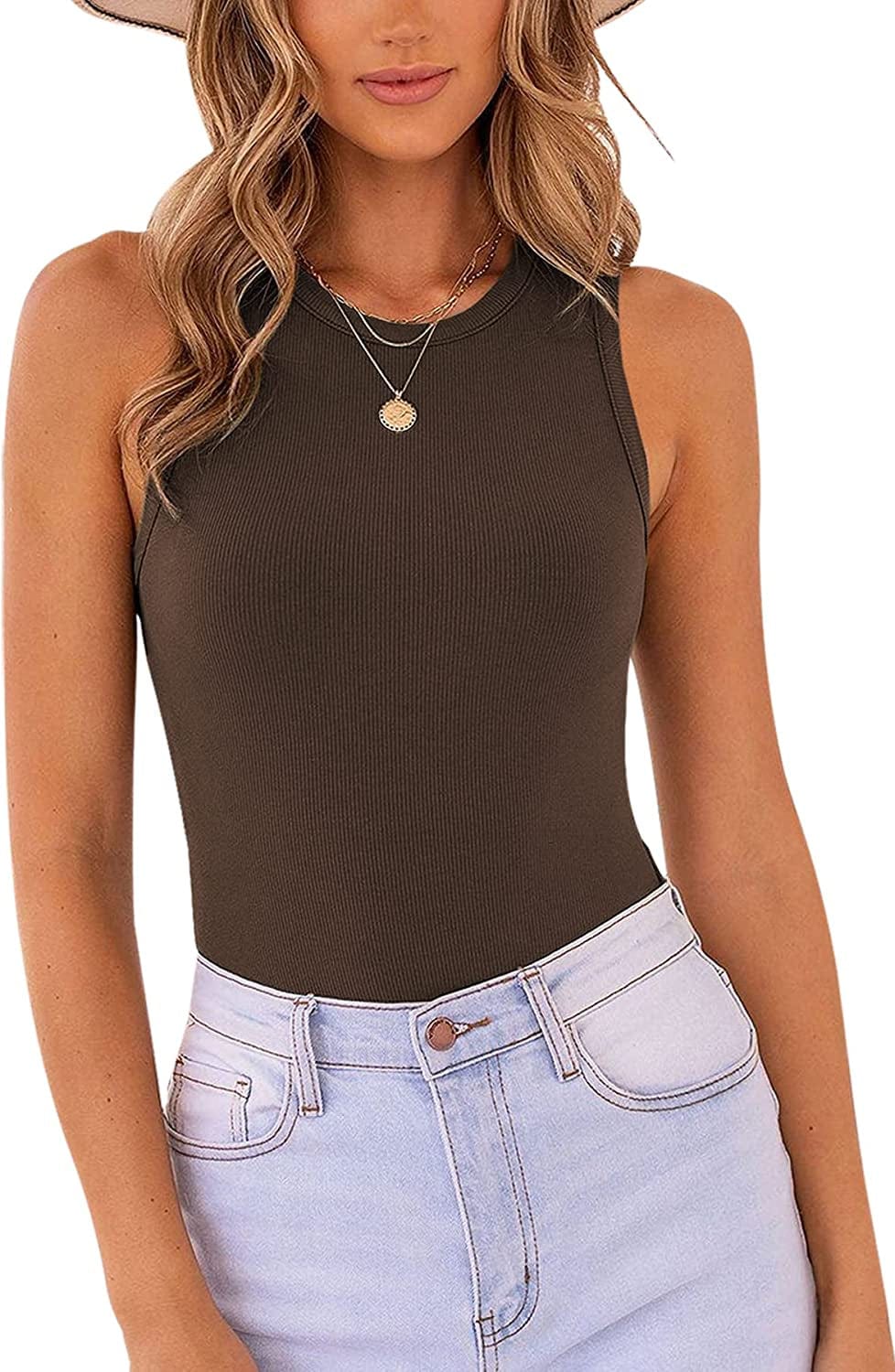 MISSJOY Women'S Basic Sleeveless Racer Back Halter Neck Ribbed Bodysuit Tank Tops Dark-coffee / X-Large