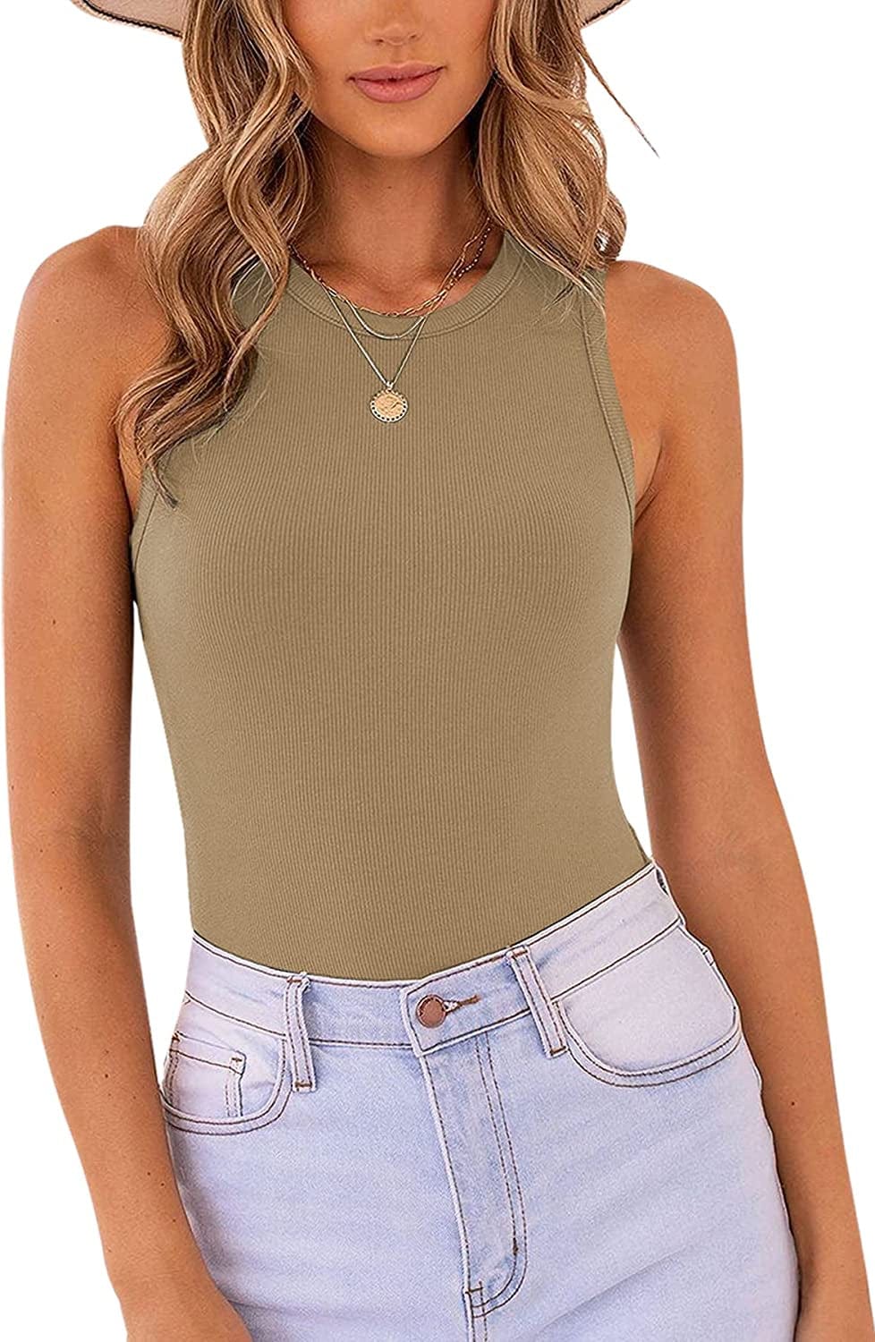 MISSJOY Women'S Basic Sleeveless Racer Back Halter Neck Ribbed Bodysuit Tank Tops Khaki / X-Large