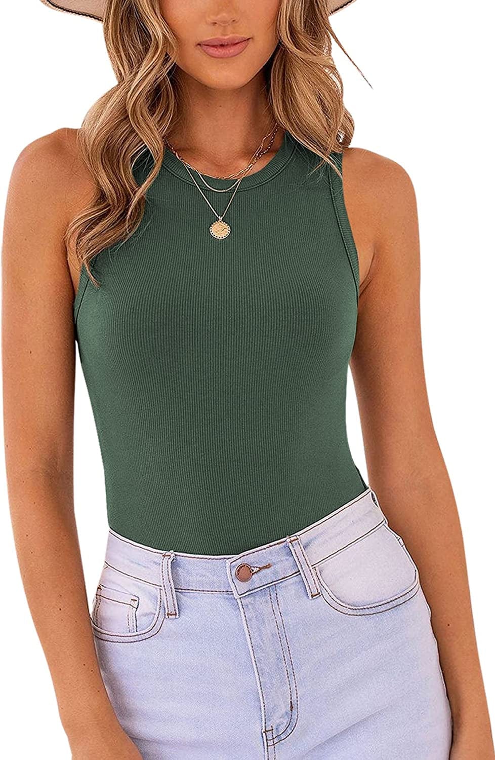MISSJOY Women'S Basic Sleeveless Racer Back Halter Neck Ribbed Bodysuit Tank Tops Army-green / X-Large